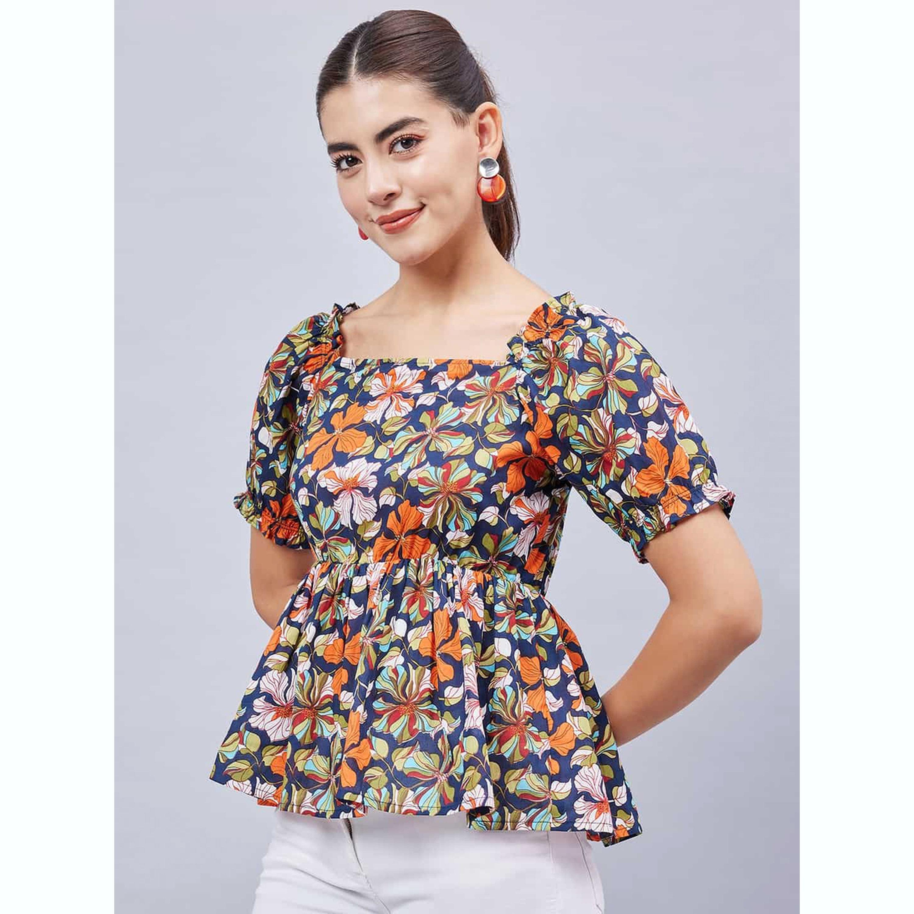 واين ريد × ستايلي - بلوزة زرقاء داكنة مزينة بنقوش زهور وأكمام منفوخة للنساء-women-clothing-shirtsandblouses-blouses-image-1