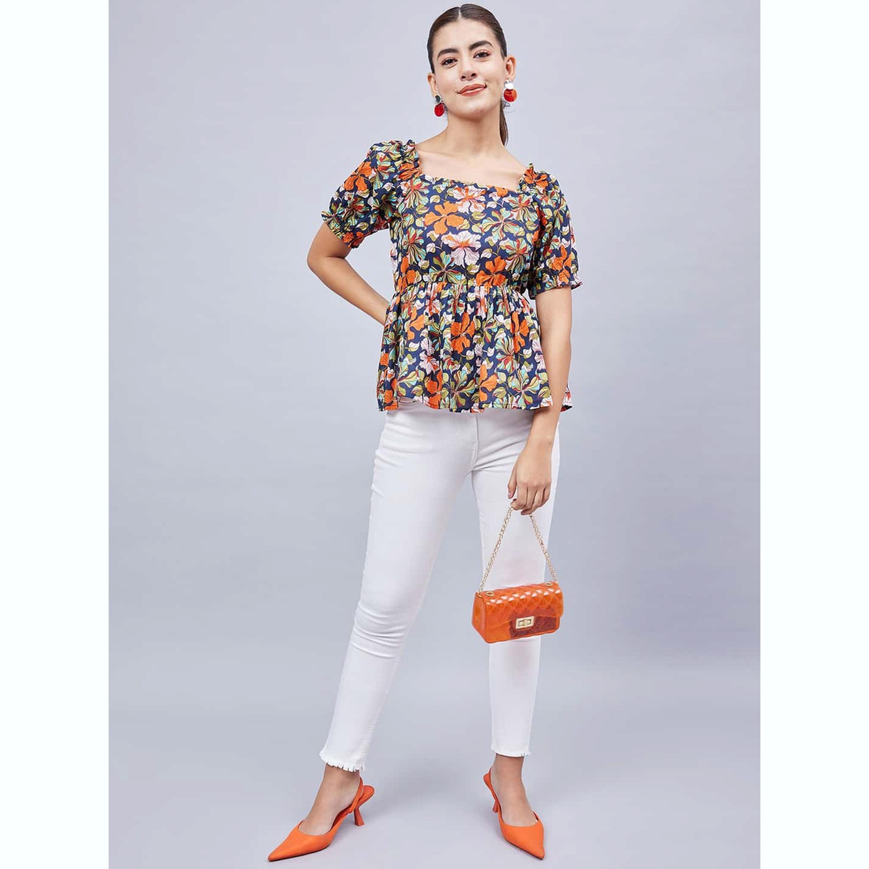 واين ريد × ستايلي - بلوزة زرقاء داكنة مزينة بنقوش زهور وأكمام منفوخة للنساء-women-clothing-shirtsandblouses-blouses-image-2
