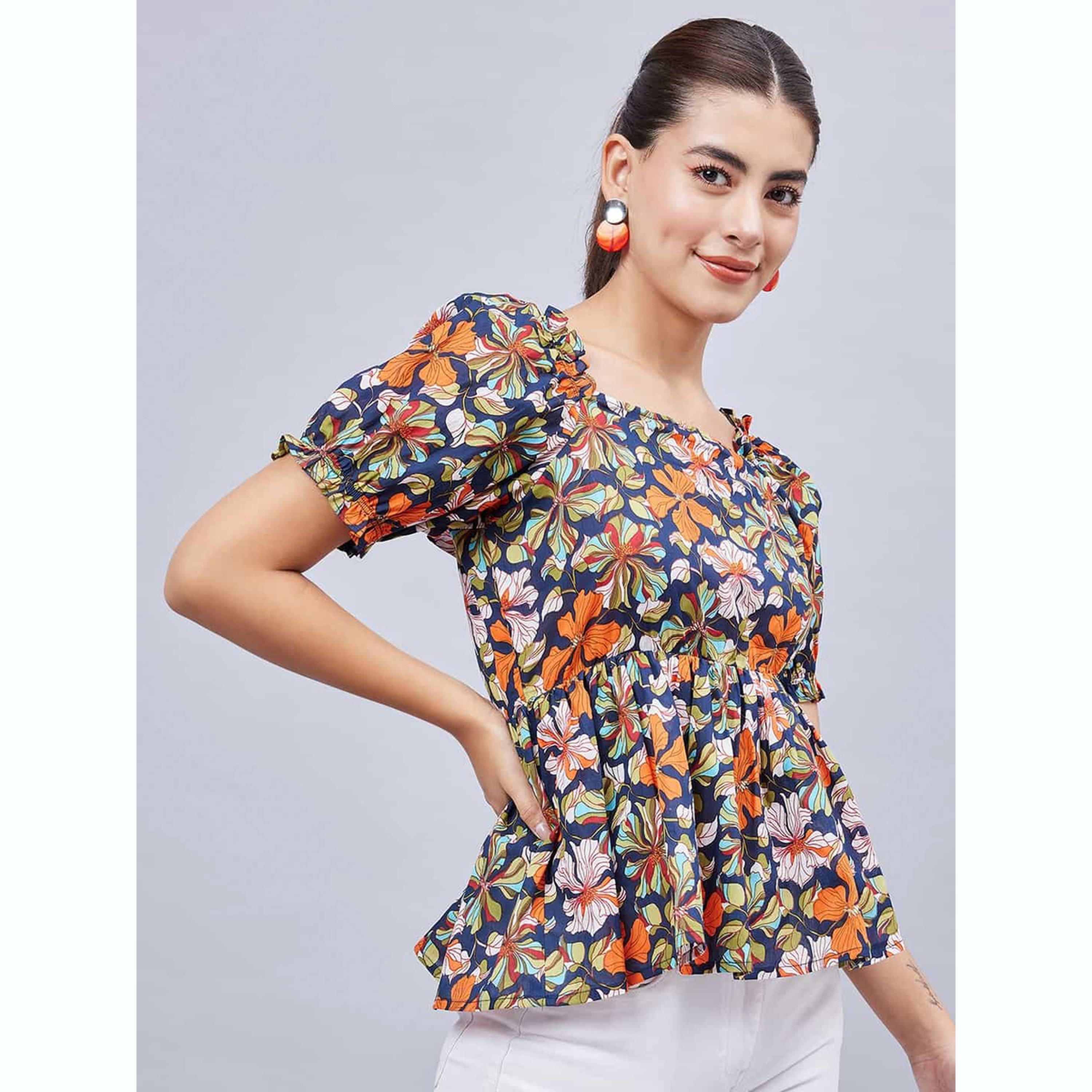 واين ريد × ستايلي - بلوزة زرقاء داكنة مزينة بنقوش زهور وأكمام منفوخة للنساء-women-clothing-shirtsandblouses-blouses-image-3