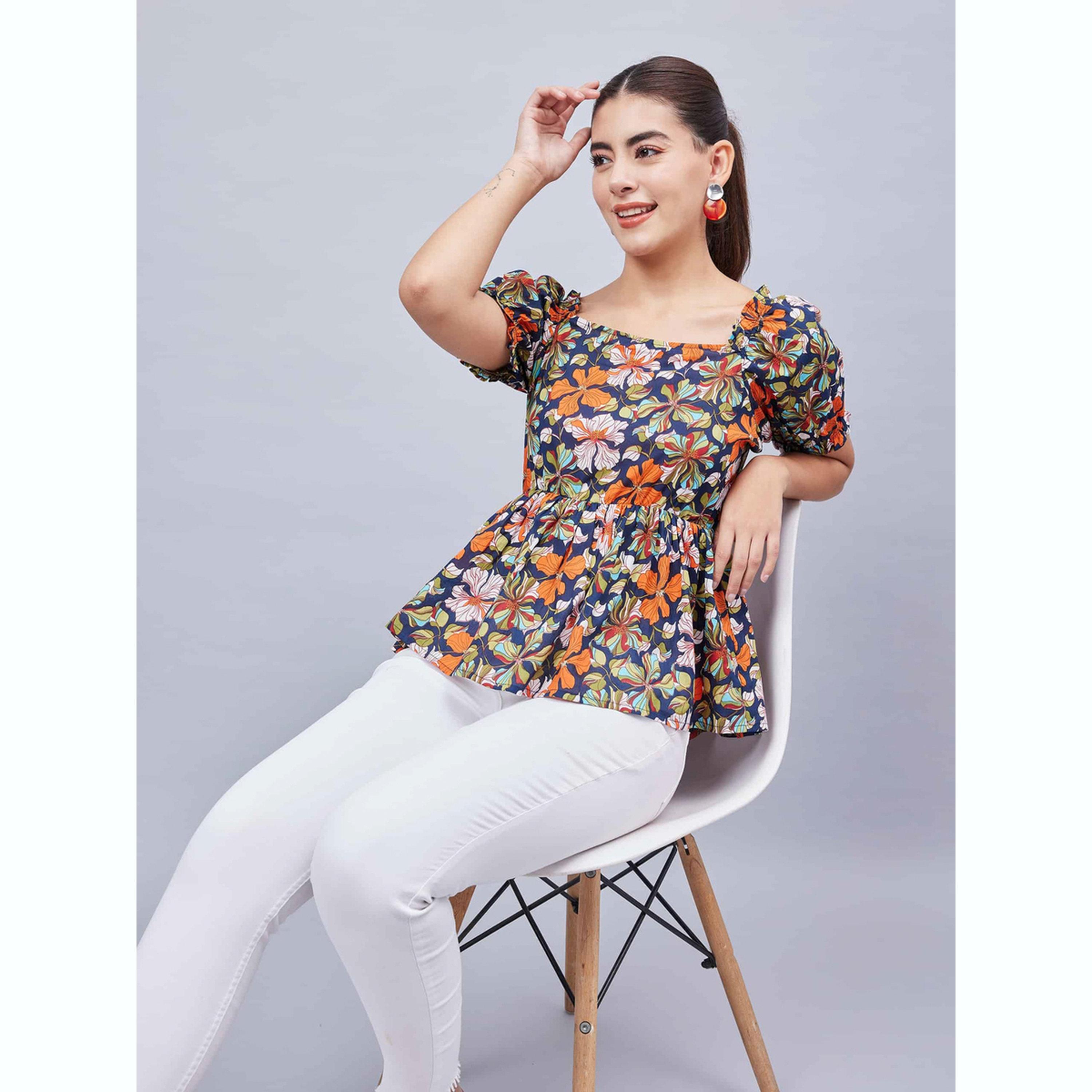 واين ريد × ستايلي - بلوزة زرقاء داكنة مزينة بنقوش زهور وأكمام منفوخة للنساء-women-clothing-shirtsandblouses-blouses-image-4