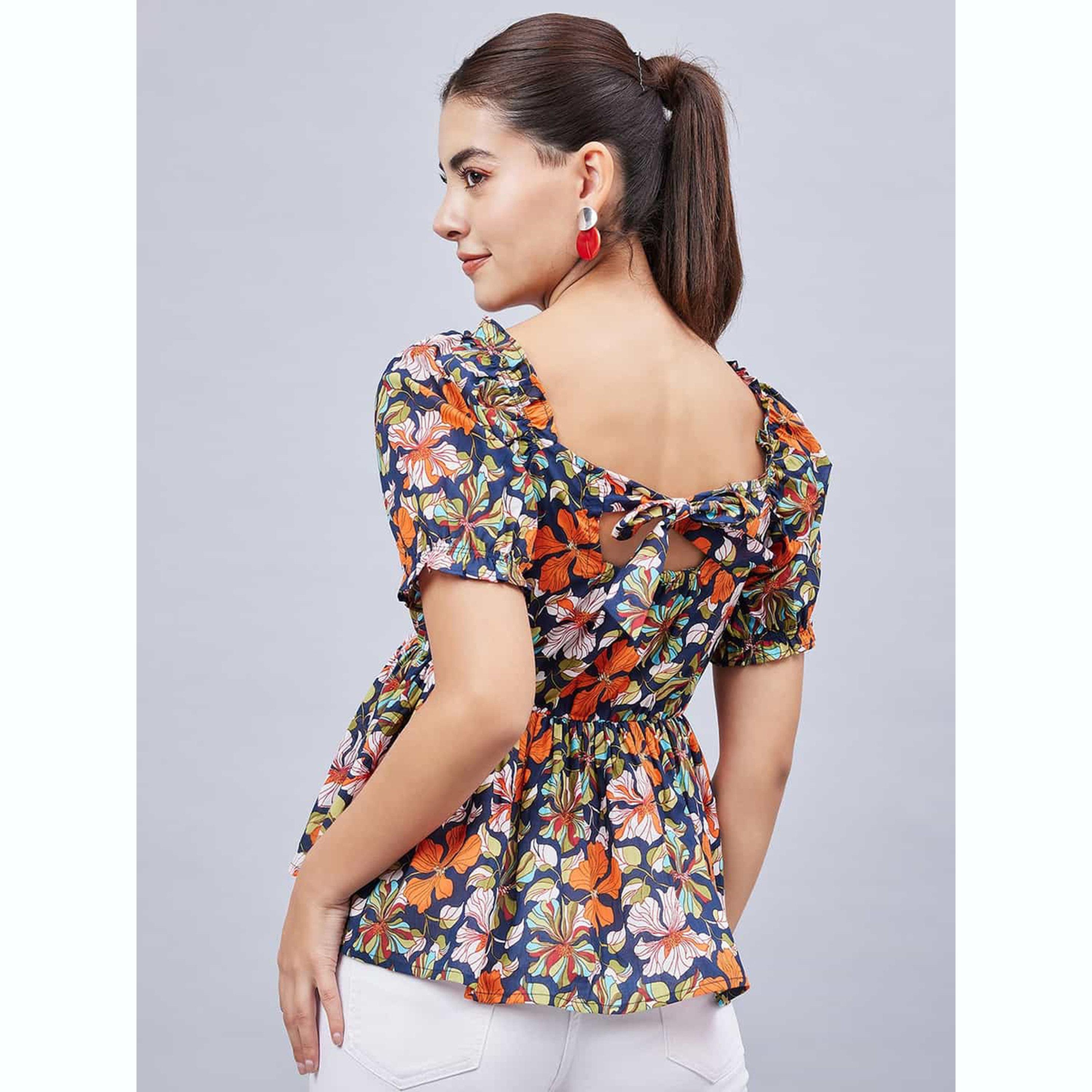 واين ريد × ستايلي - بلوزة زرقاء داكنة مزينة بنقوش زهور وأكمام منفوخة للنساء-women-clothing-shirtsandblouses-blouses-image-5