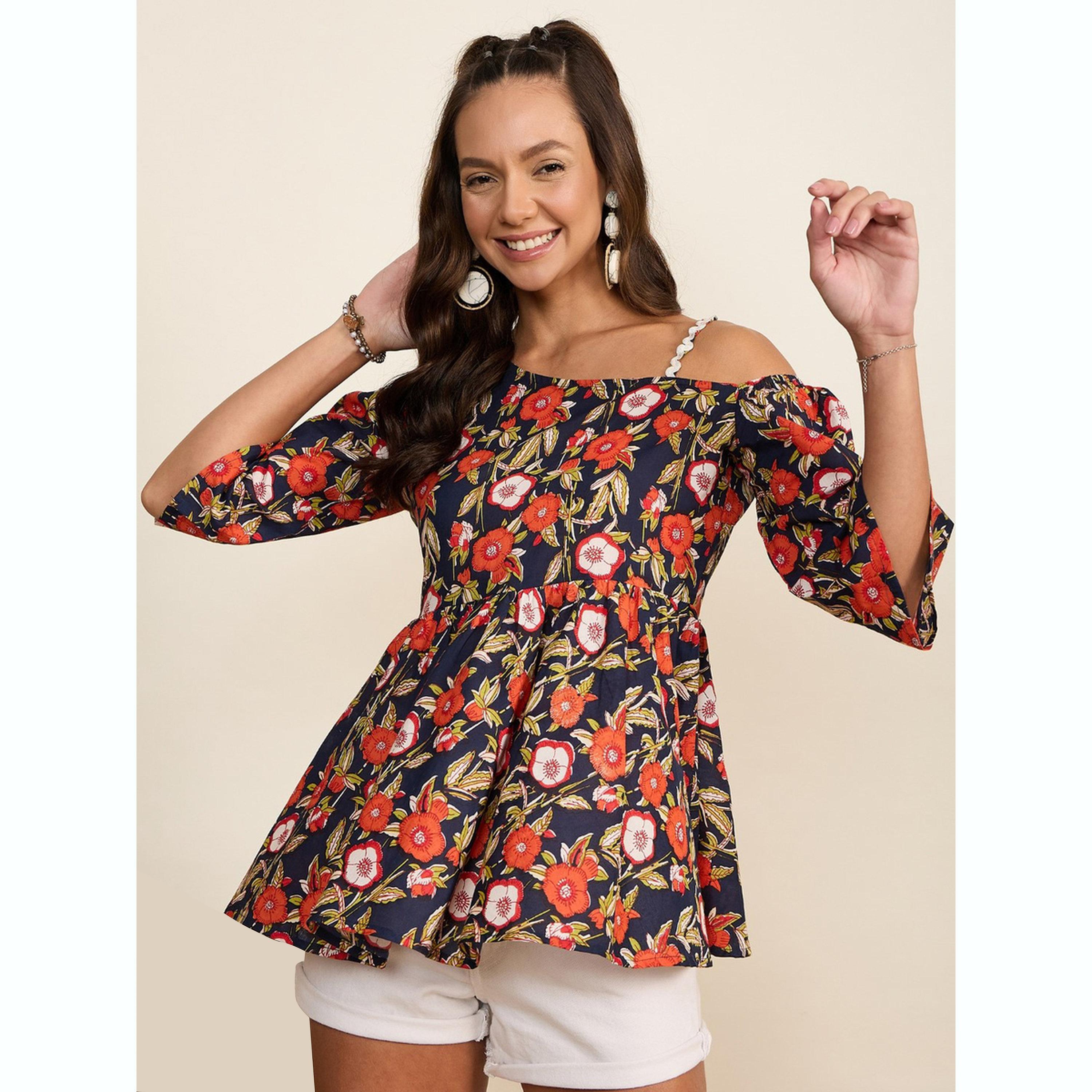 واين ريد × ستايلي - بلوزة زرقاء داكنة بنقشة زهور وكتف واحد للنساء-women-clothing-shirtsandblouses-blouses-image-1