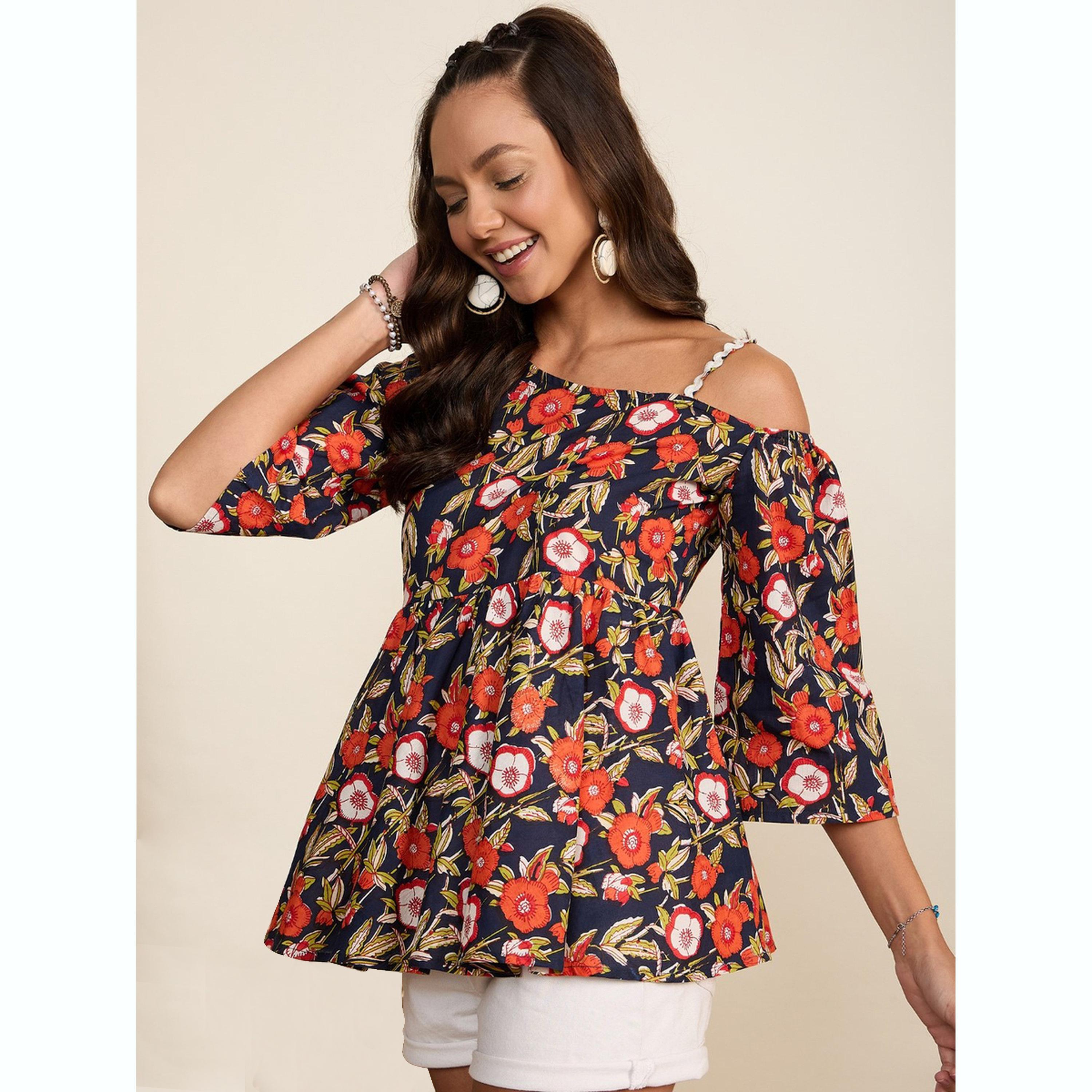 واين ريد × ستايلي - بلوزة زرقاء داكنة بنقشة زهور وكتف واحد للنساء-women-clothing-shirtsandblouses-blouses-image-3