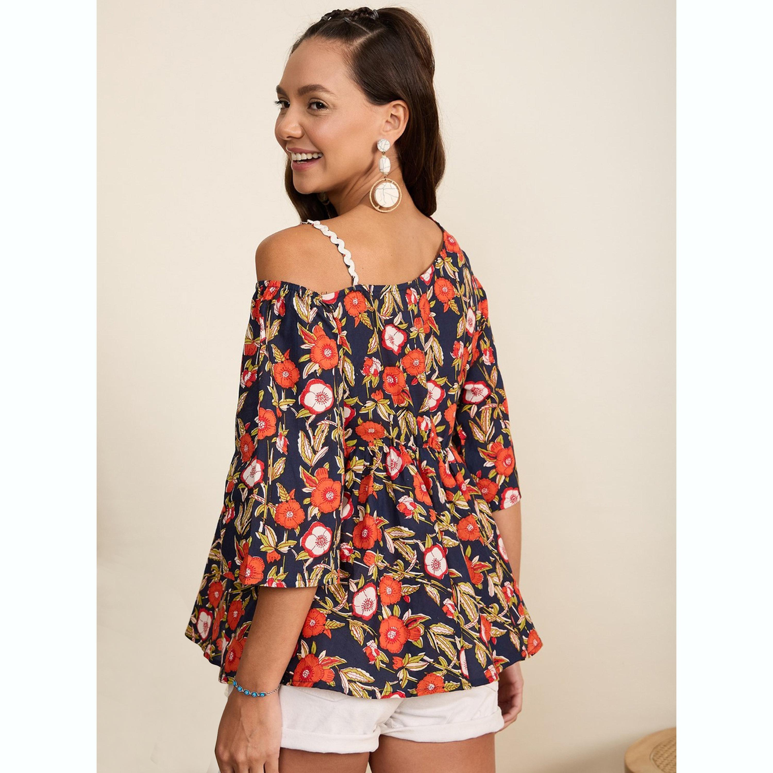 واين ريد × ستايلي - بلوزة زرقاء داكنة بنقشة زهور وكتف واحد للنساء-women-clothing-shirtsandblouses-blouses-image-5