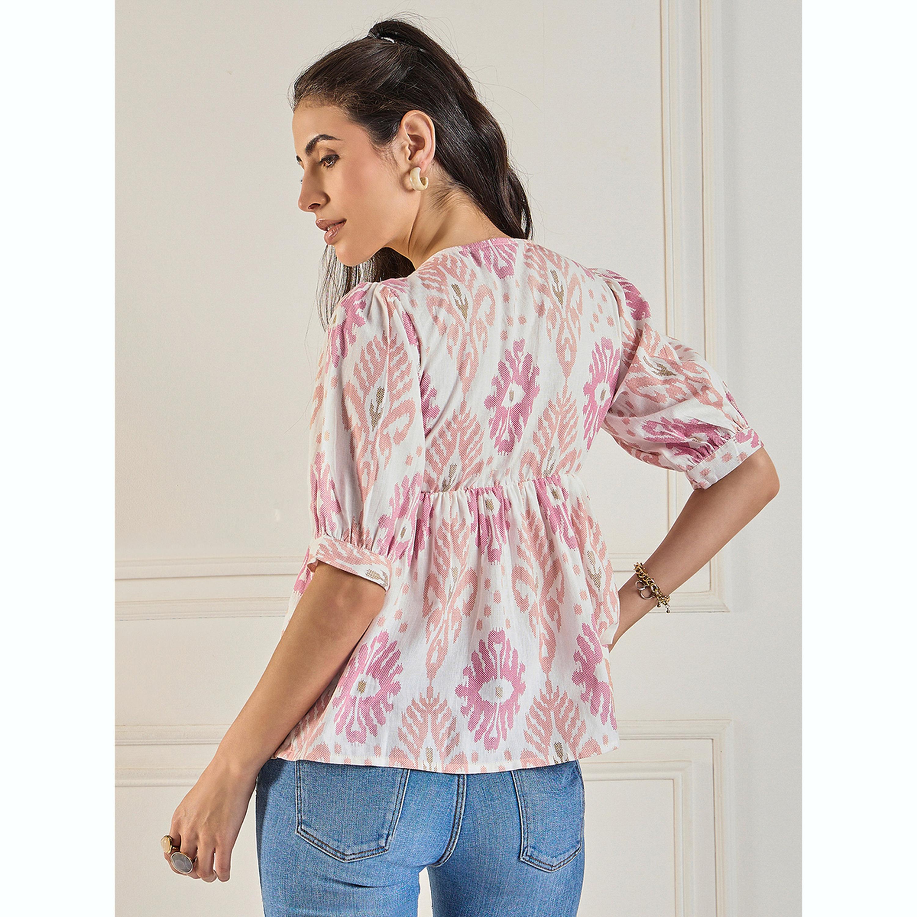 واين ريد × ستايلي - بلوزة بيضاء فاتحة اللون مطبوعة ومكشكشة للنساء-women-clothing-shirtsandblouses-blouses-image-4