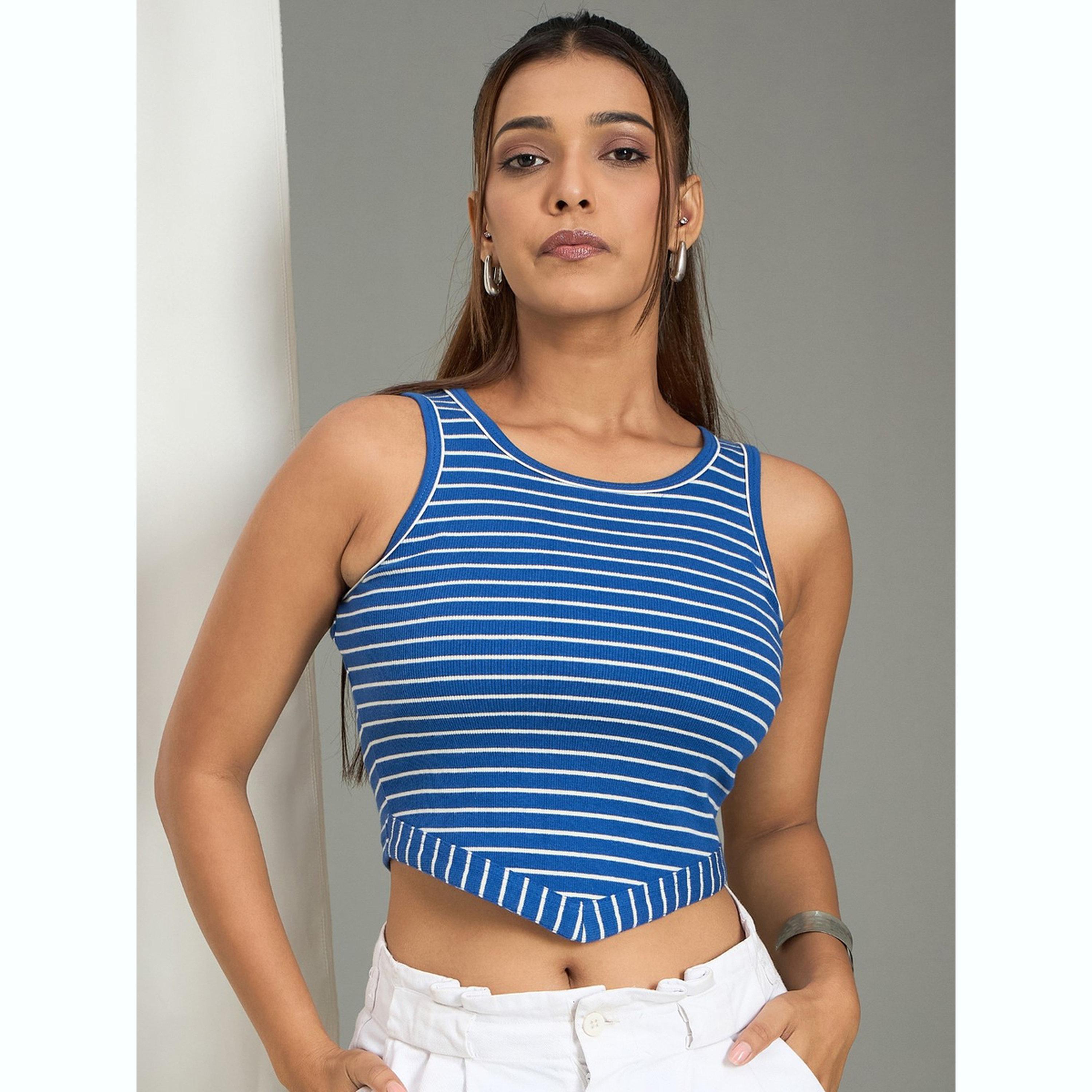واين ريد × ستايلي - بلوزة قصيرة بدون أكمام مخططة باللون الأزرق للنساء-women-clothing-shirtsandblouses-blouses-image-1