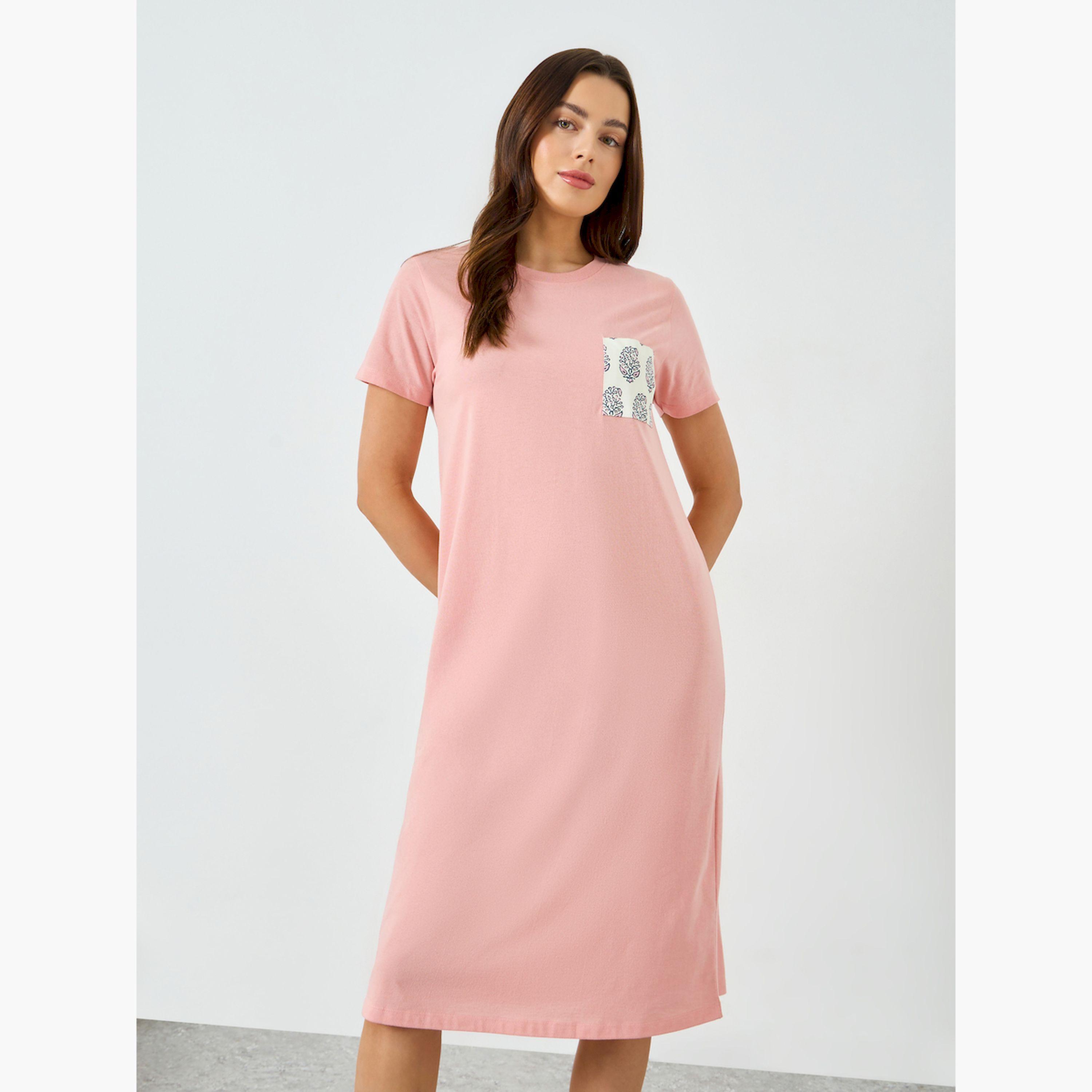 Styli Pink Short Sleeve Nightdress with Pocket-women-clothing-nightwear-nighties-image-1