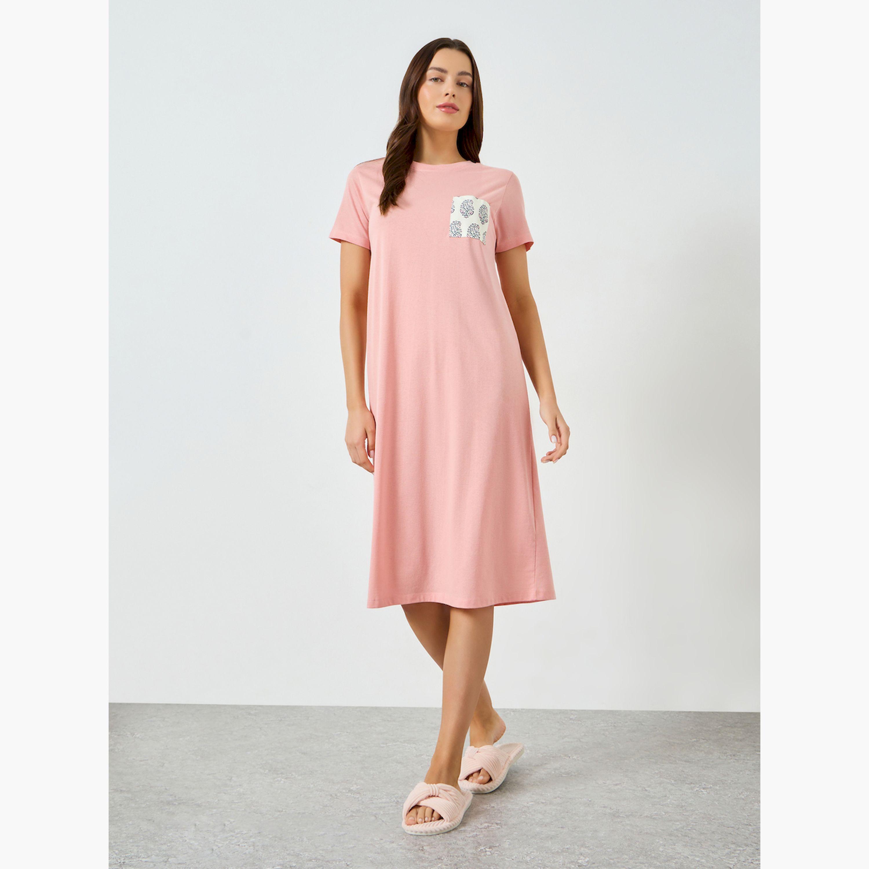Styli Pink Short Sleeve Nightdress with Pocket-women-clothing-nightwear-nighties-image-2