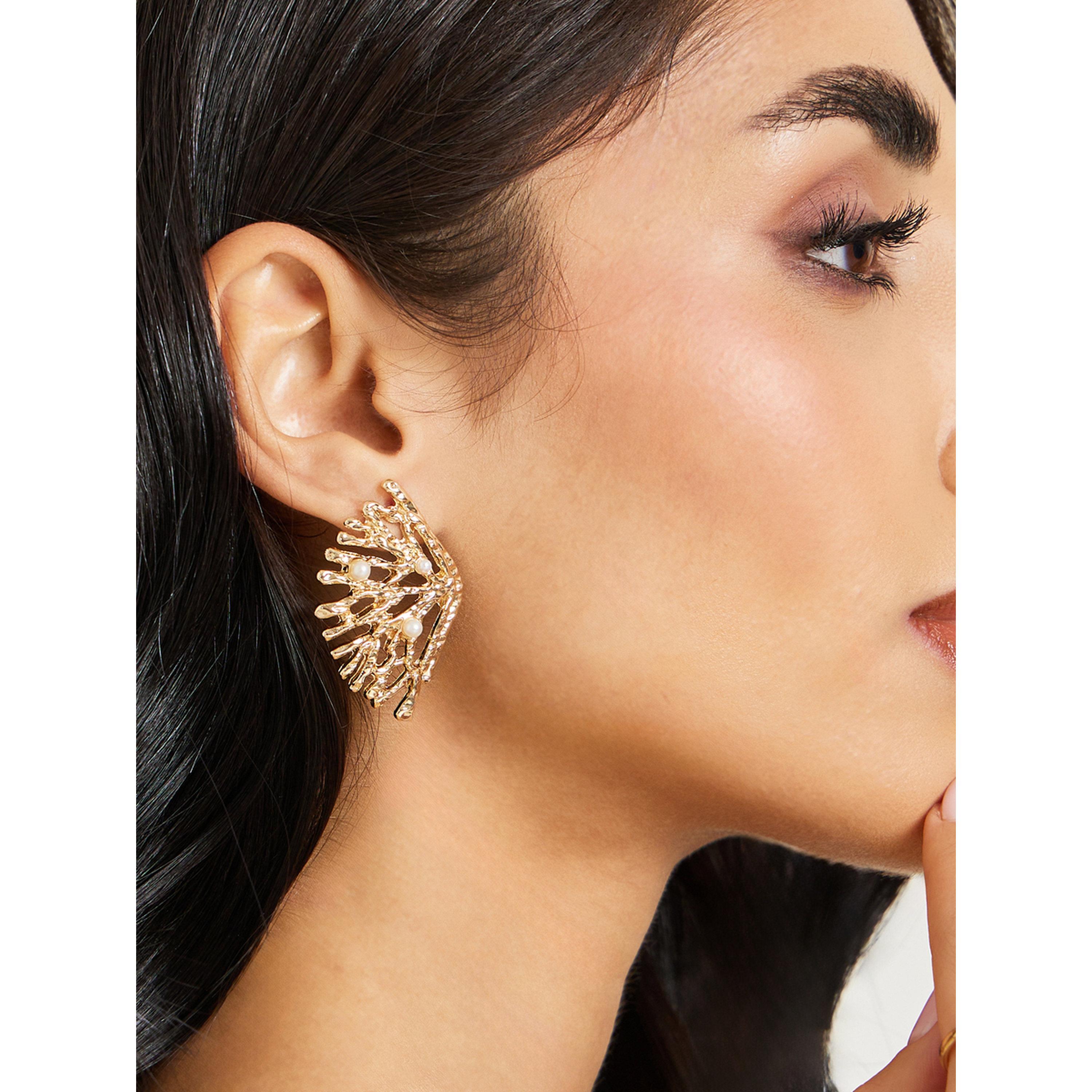 Styli Gold Branch Stud Earrings with Pearls-women-watchesandjewellery-jewellery-earrings-image-2