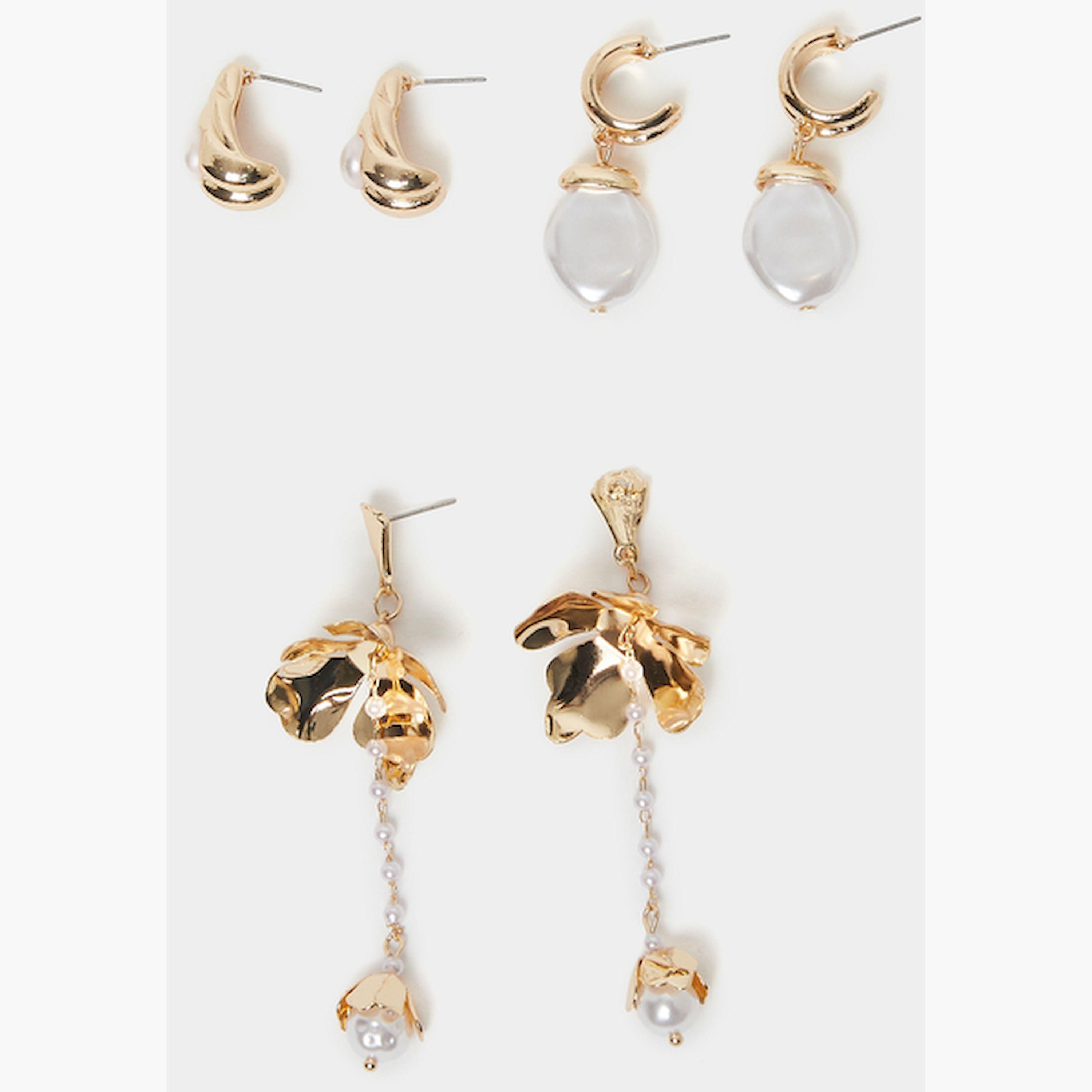 Styli Pack of 3 - Flower and Pearl Dangle Earrings-women-watchesandjewellery-jewellery-earrings-image-1