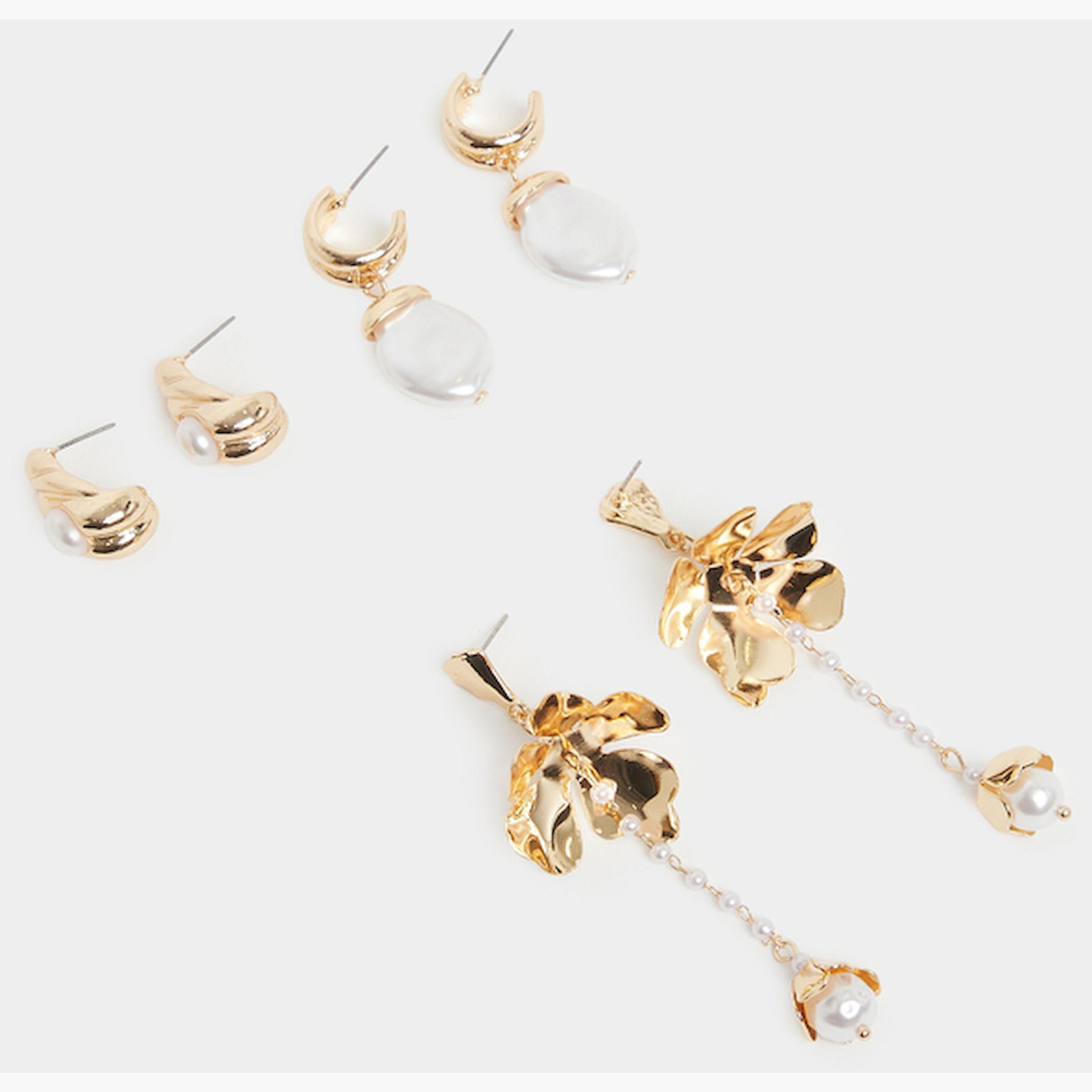 Styli Pack of 3 - Flower and Pearl Dangle Earrings-women-watchesandjewellery-jewellery-earrings-image-2