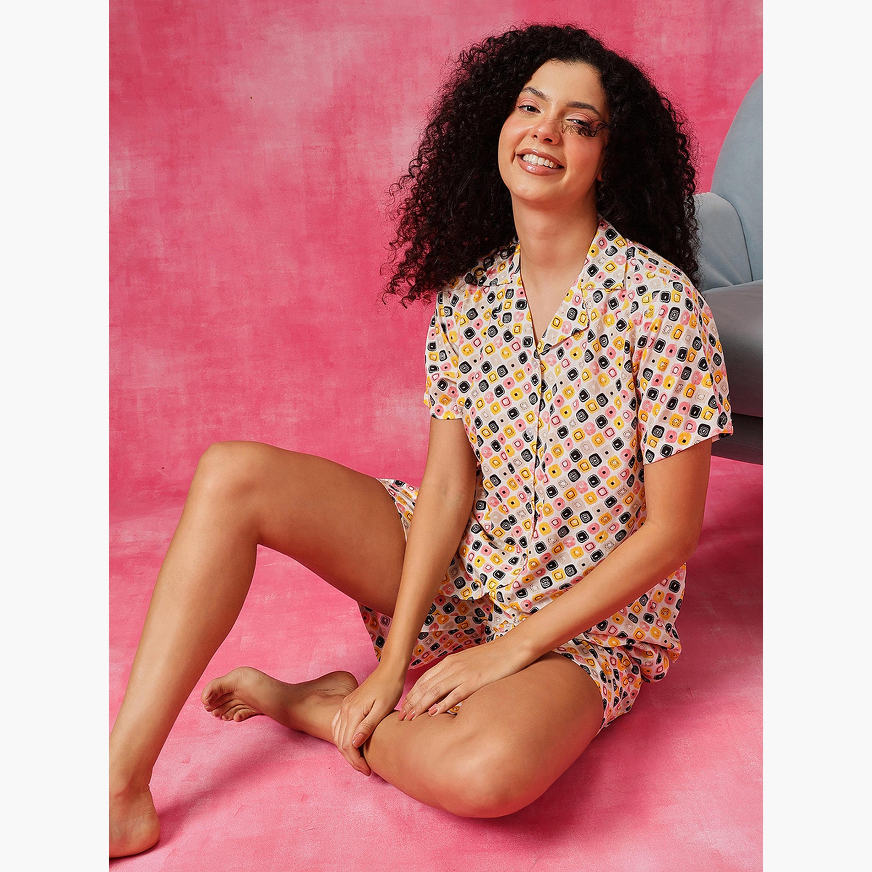 Clovia Geometric Print Button Down Shirt and Shorts Set-women-clothing-nightwear-pyjamas-shortsets-image-2