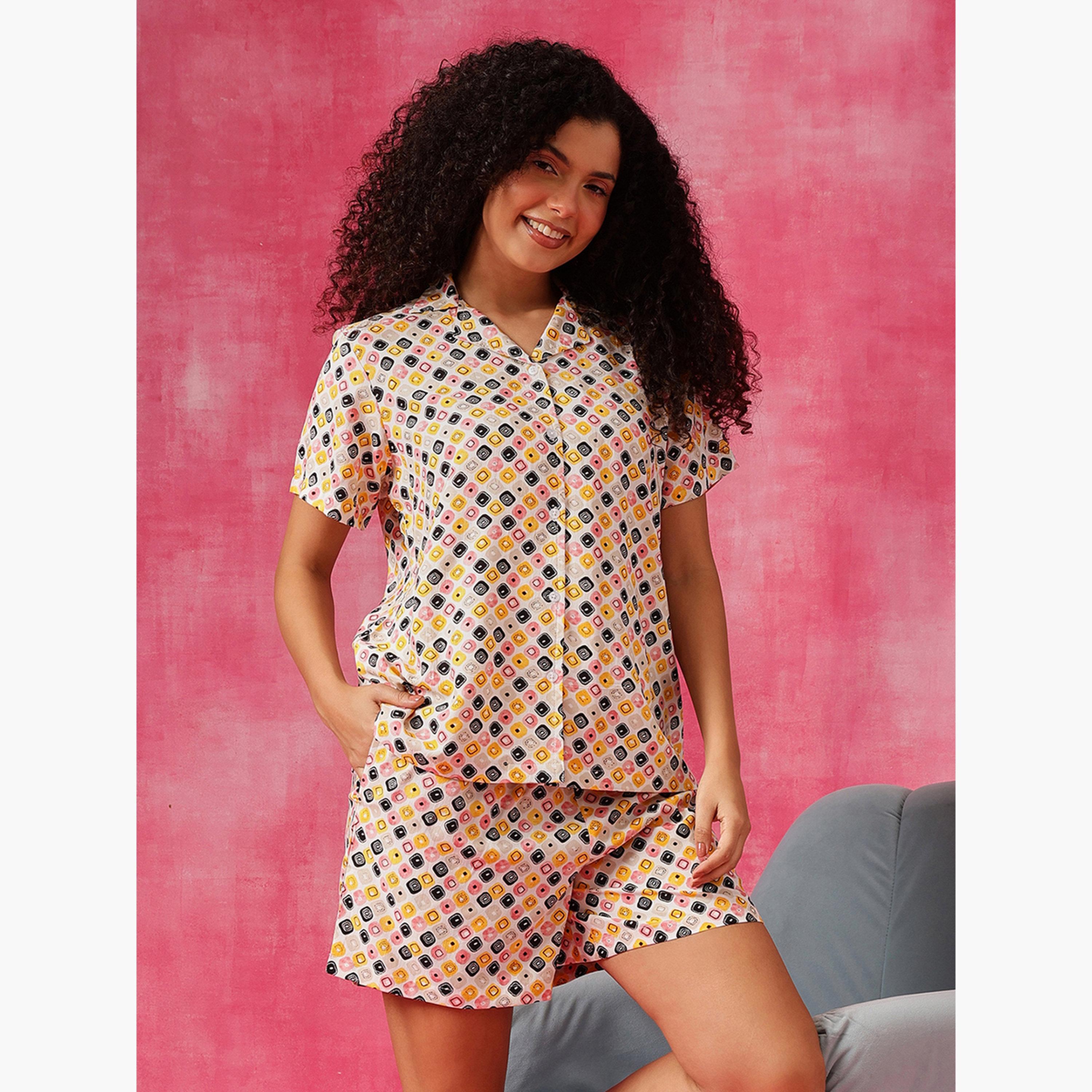 Clovia Geometric Print Button Down Shirt and Shorts Set-women-clothing-nightwear-pyjamas-shortsets-image-3