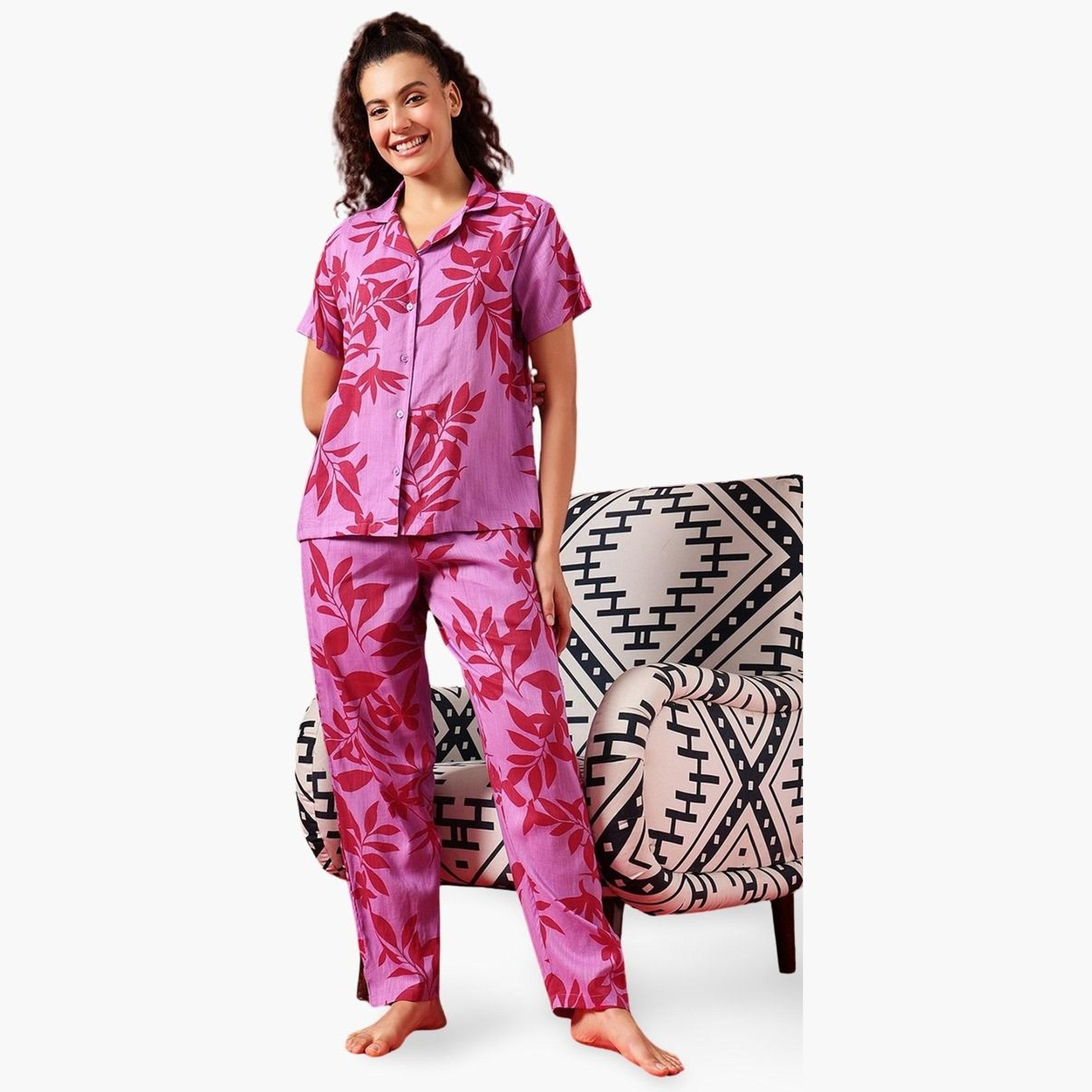 Clovia Leaf Print Button Down Shirt and Pyjama Set-women-clothing-nightwear-pyjamas-longsets-image-1