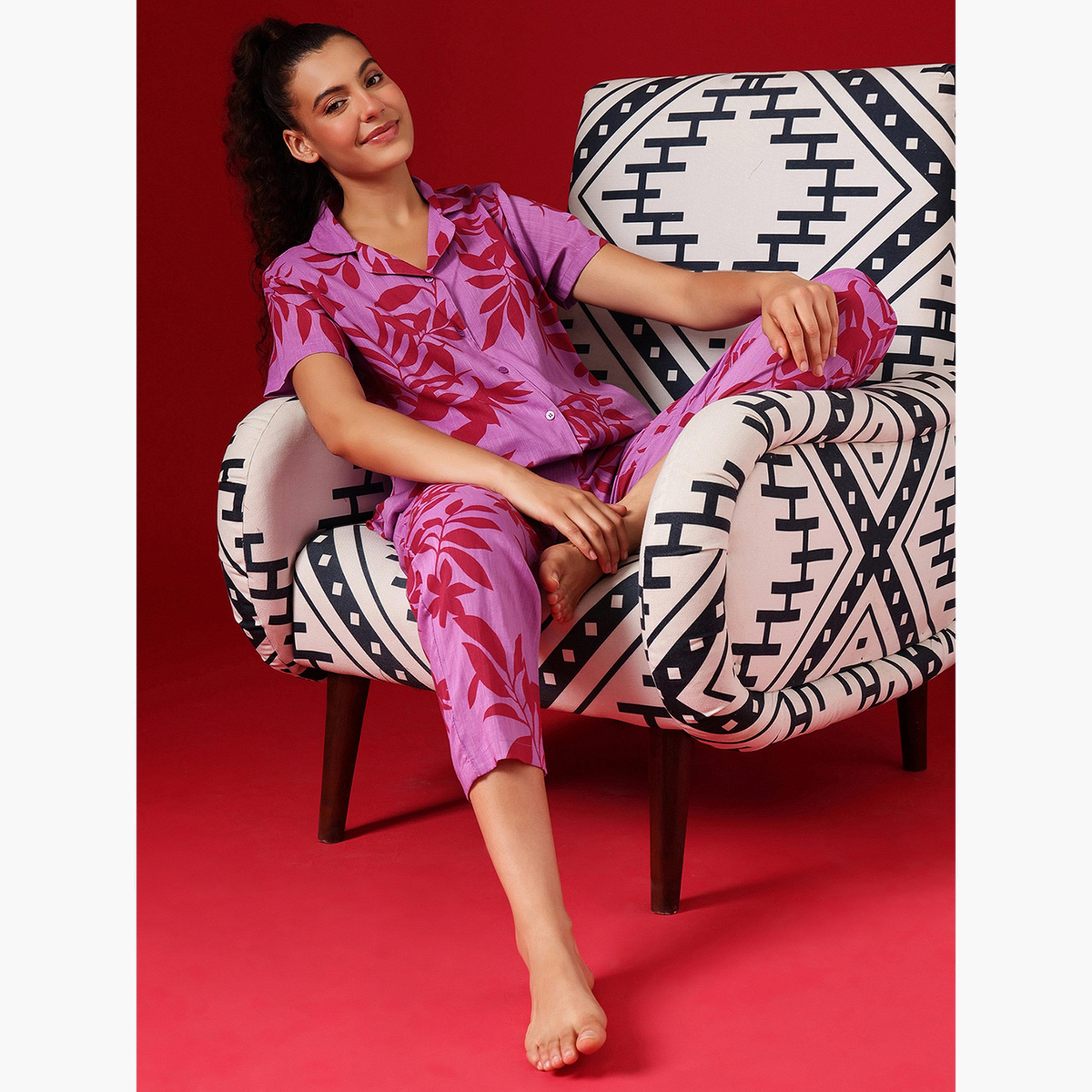 كلوفيا - بيجاما قميص بأزرار مطبوعة بأوراق الشجر-women-clothing-nightwear-pyjamas-longsets-image-2