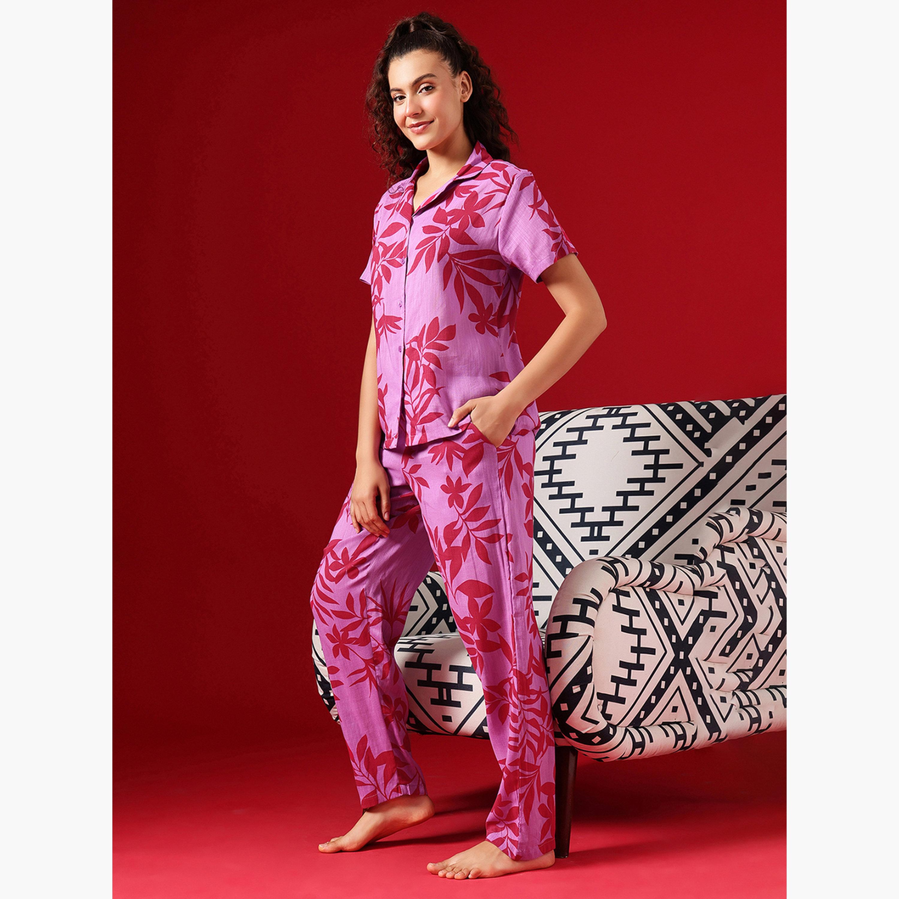 كلوفيا - بيجاما قميص بأزرار مطبوعة بأوراق الشجر-women-clothing-nightwear-pyjamas-longsets-image-3
