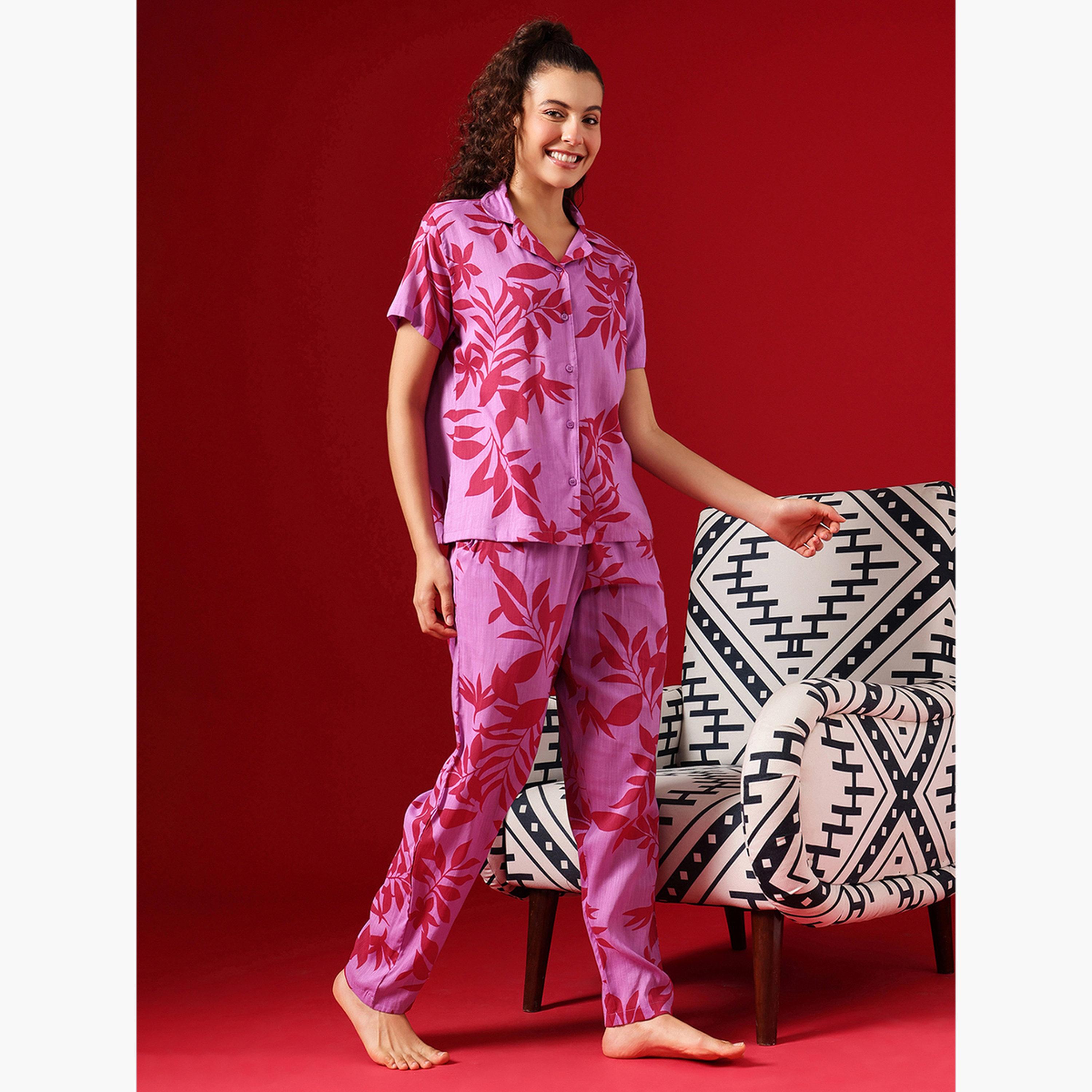 Clovia Leaf Print Button Down Shirt and Pyjama Set-women-clothing-nightwear-pyjamas-longsets-image-4