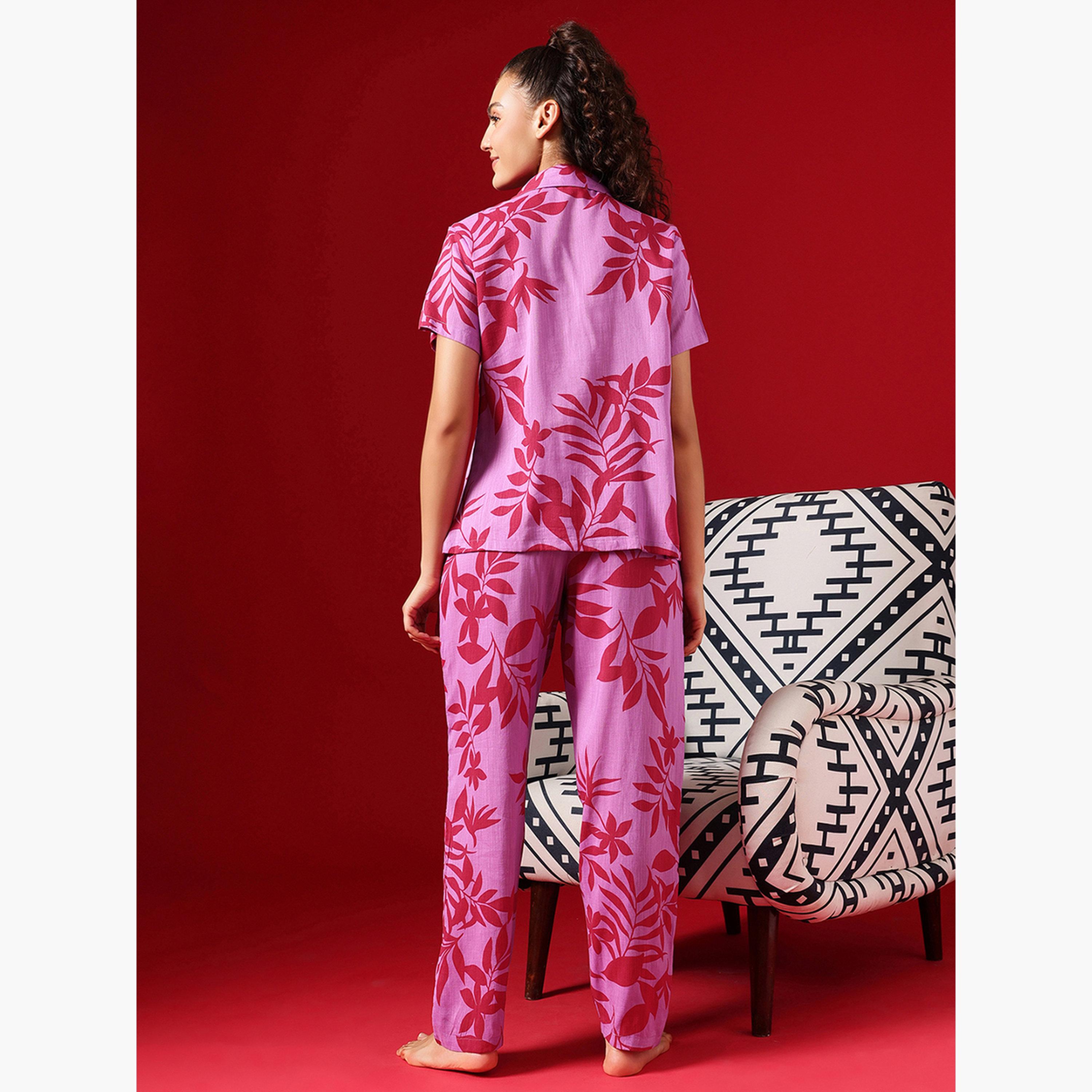 Clovia Leaf Print Button Down Shirt and Pyjama Set-women-clothing-nightwear-pyjamas-longsets-image-5