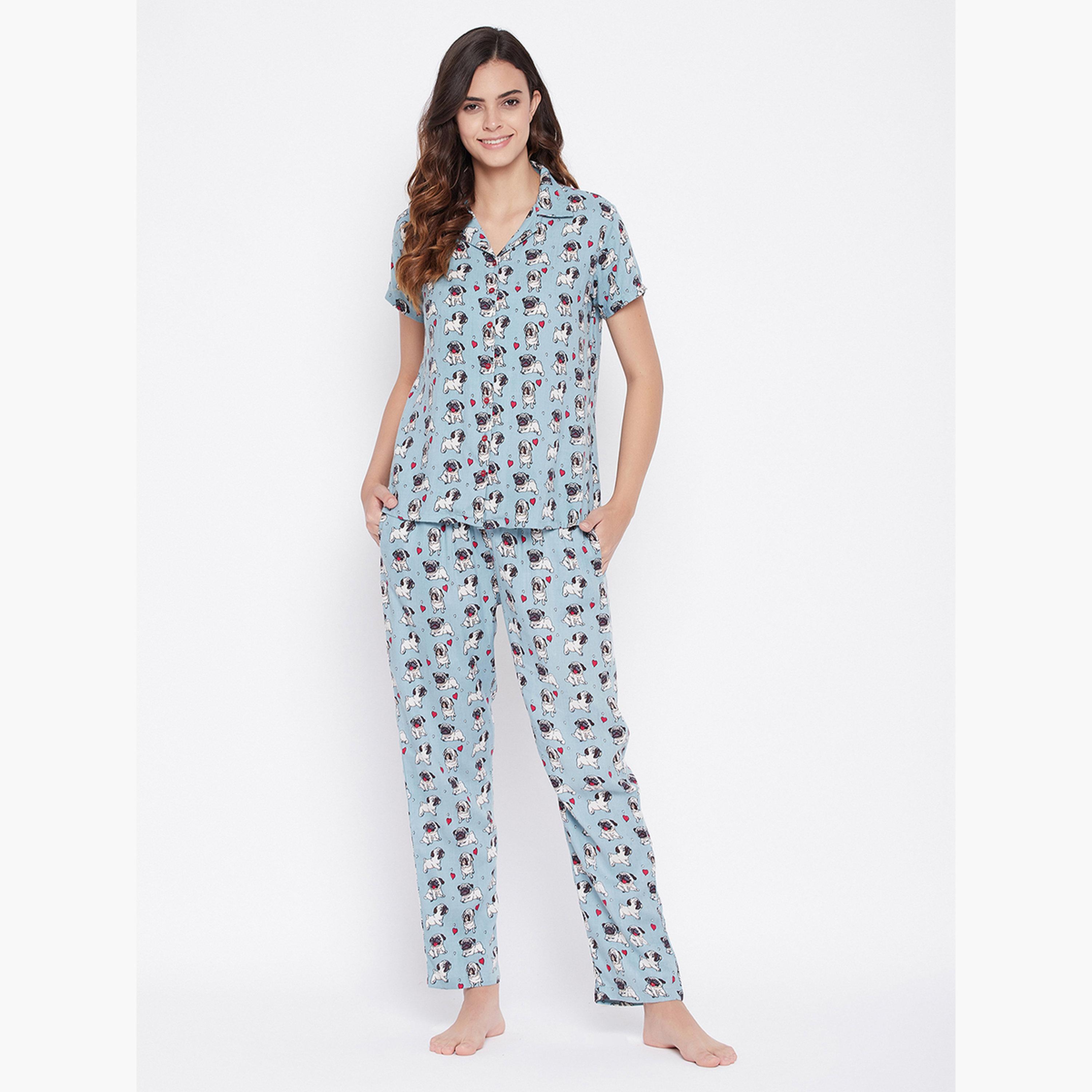 Clovia Printed Button Down Sleep Shirt and Pyjama Set-women-clothing-nightwear-pyjamas-longsets-image-1