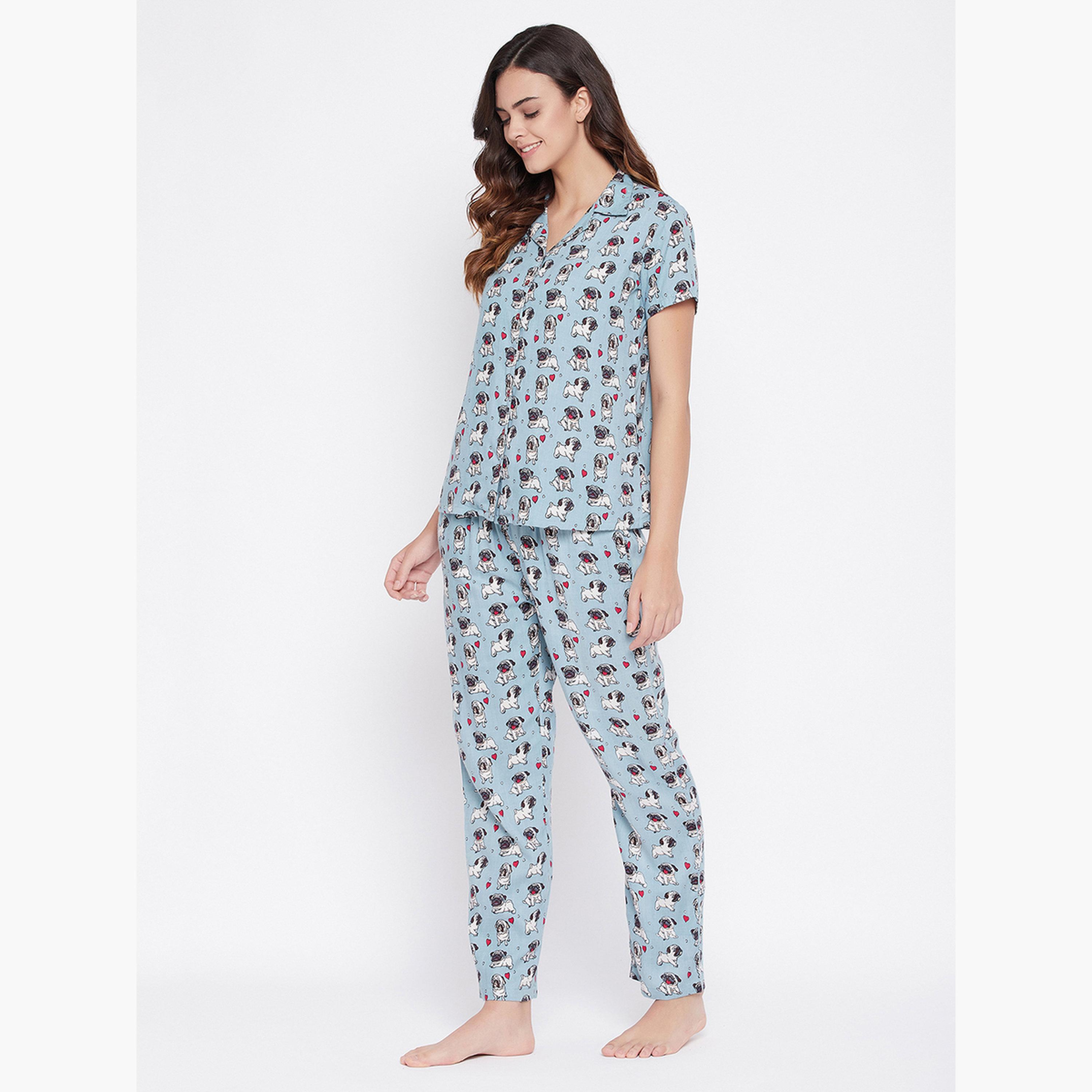Clovia Printed Button Down Sleep Shirt and Pyjama Set-women-clothing-nightwear-pyjamas-longsets-image-2