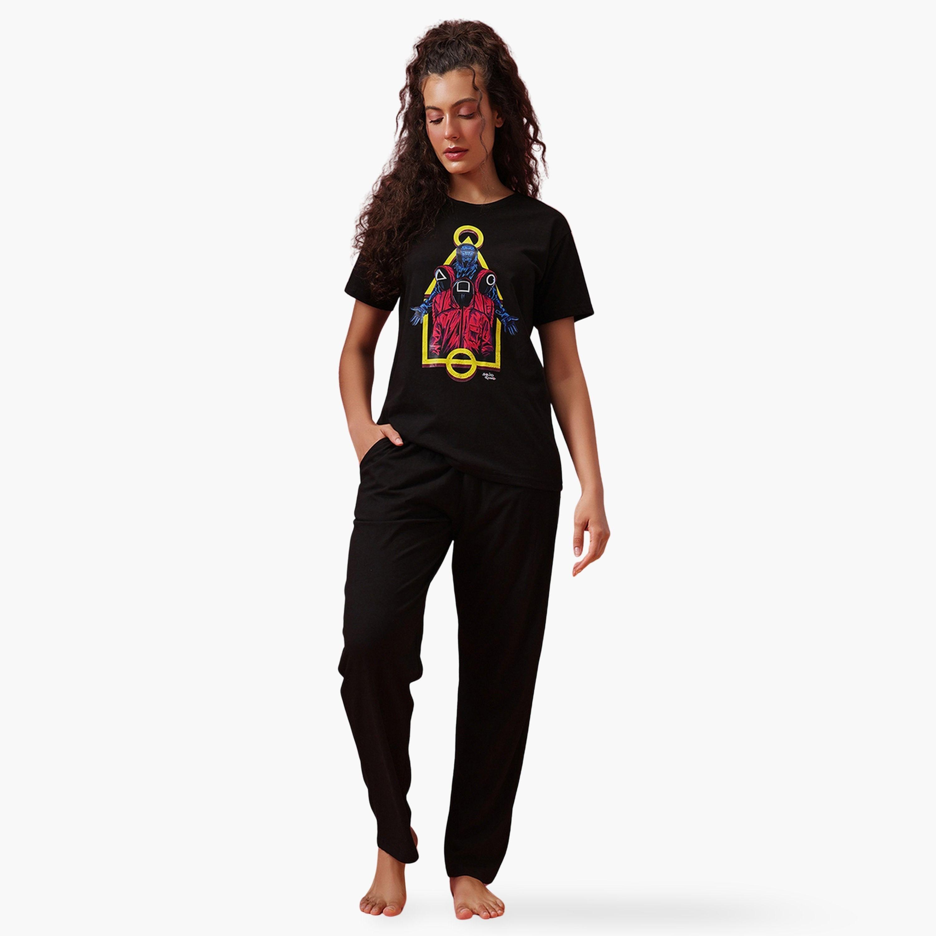 Clovia Cotton Graphic Print T-Shirt and Pyjama Set-women-clothing-nightwear-pyjamas-longsets-image-1
