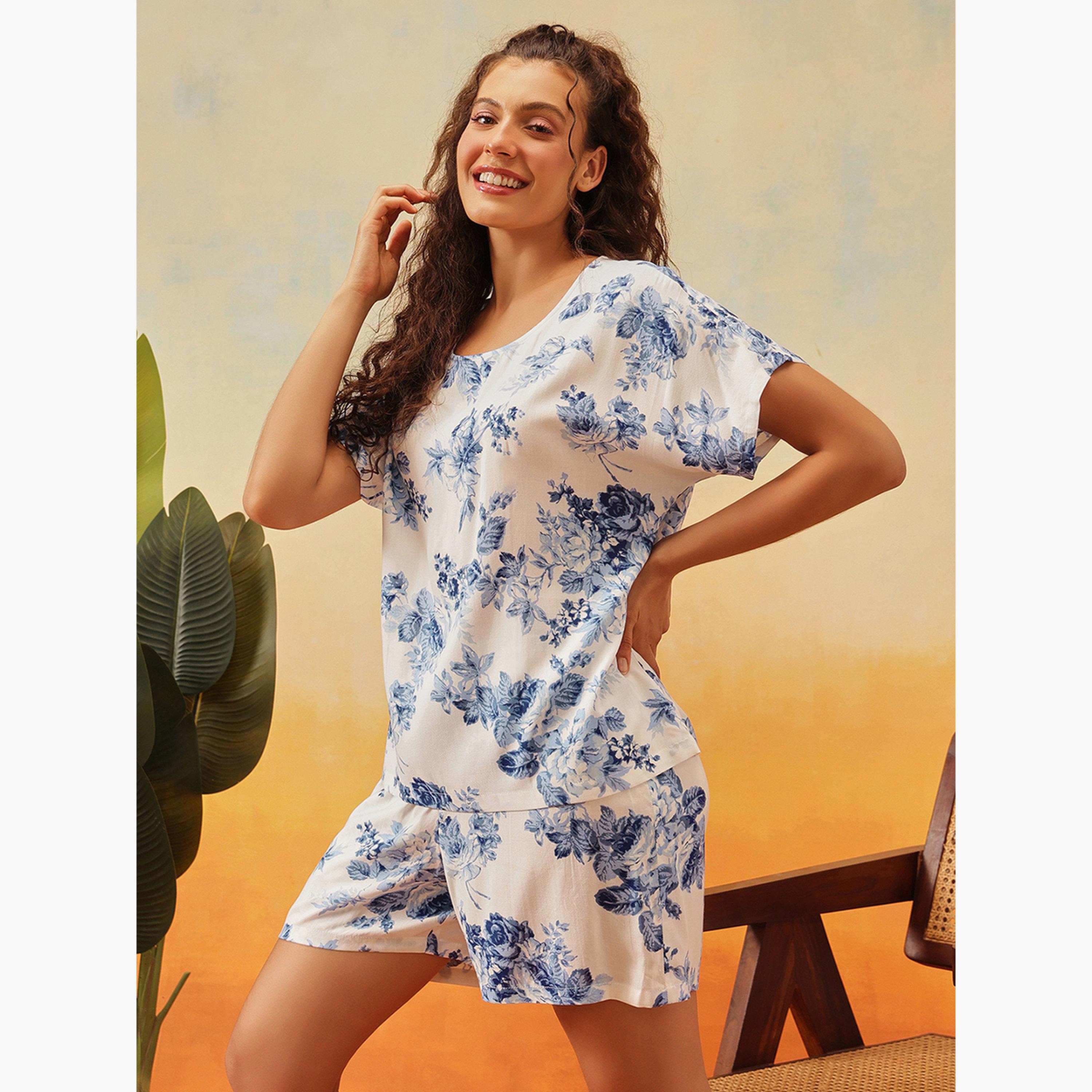 كلوفيا - بلوزة وشورت بطبعة زهور حرير صناعي-women-clothing-nightwear-pyjamas-shortsets-image-4