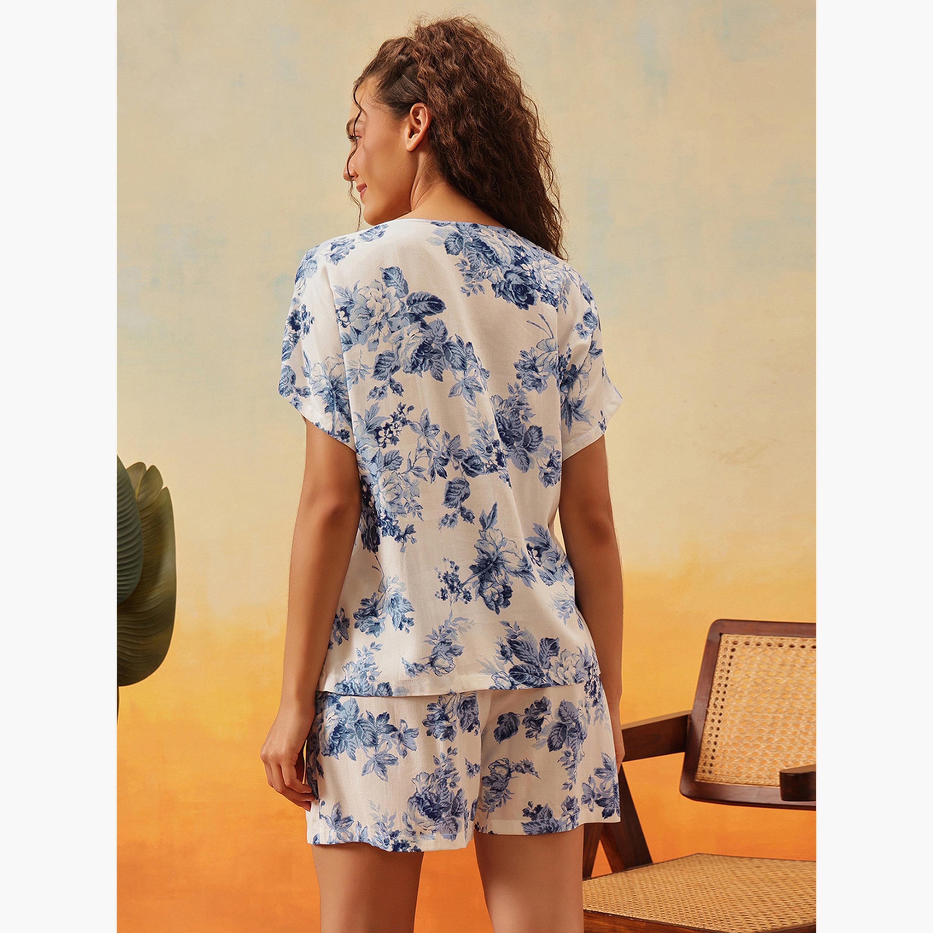 كلوفيا - بلوزة وشورت بطبعة زهور حرير صناعي-women-clothing-nightwear-pyjamas-shortsets-image-2