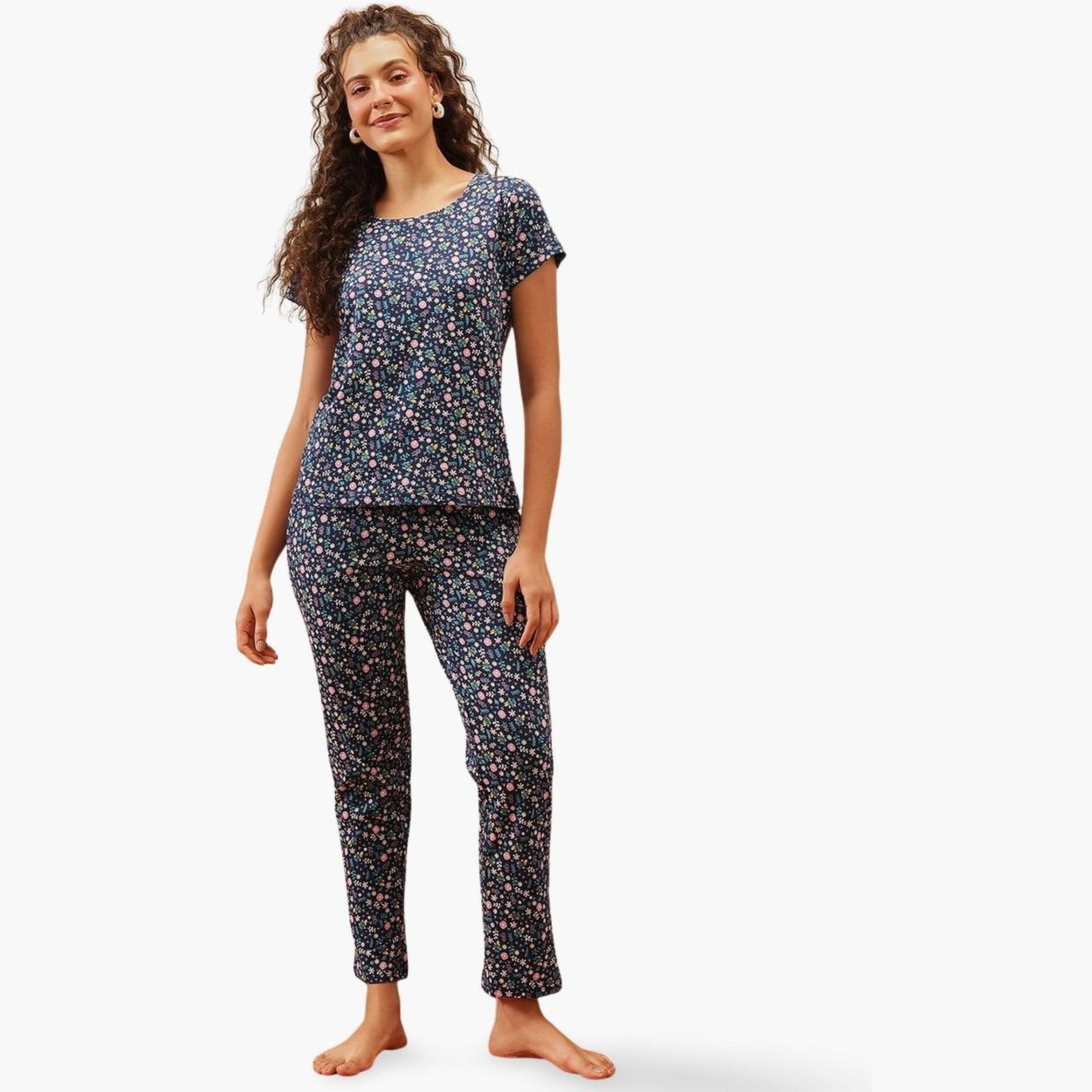Clovia Cotton Floral Print T-Shirt and Pyjama Set-women-clothing-nightwear-pyjamas-longsets-image-1