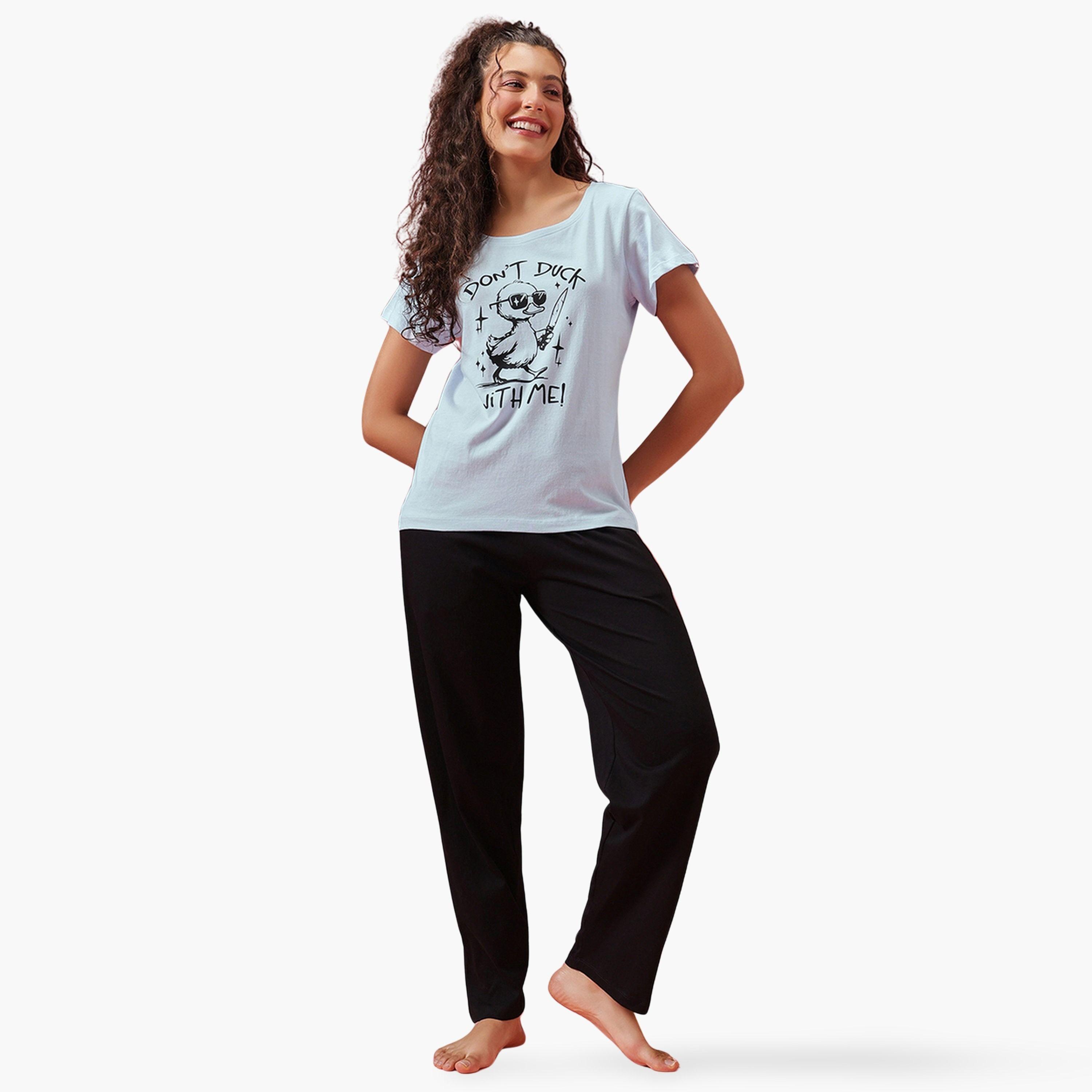 Clovia Graphic Print T-Shirt and Pyjama Set 100% Cotton-women-clothing-nightwear-pyjamas-longsets-image-1