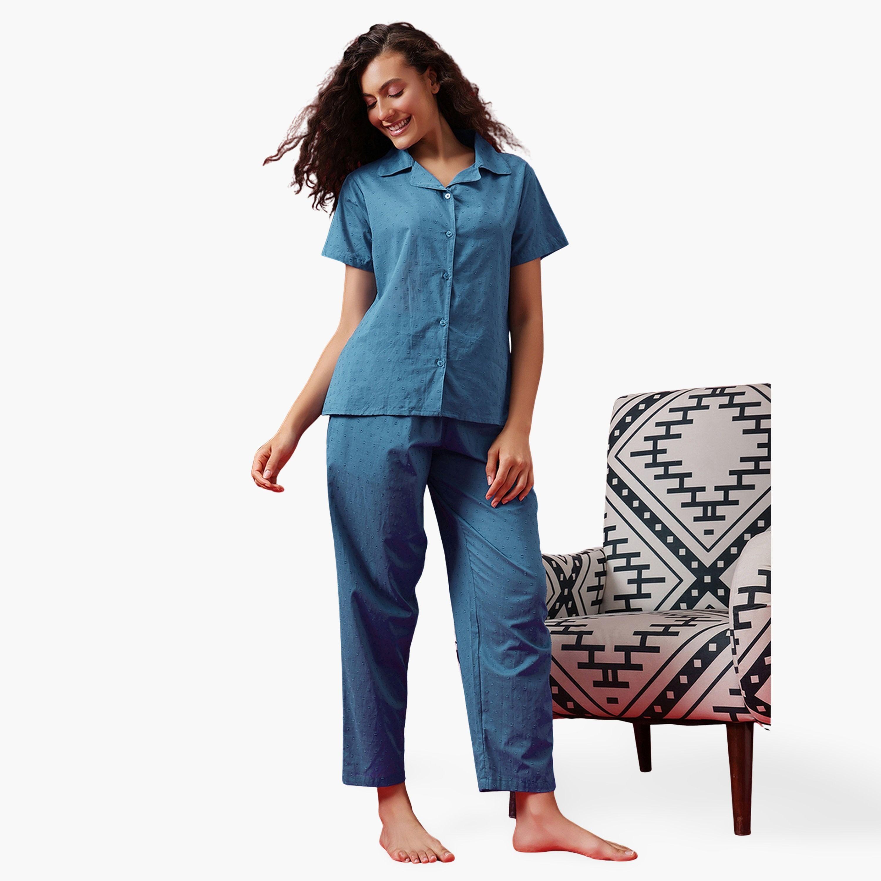 Clovia Dobby Weave Buttoned Shirt and Pyjama Set-women-clothing-nightwear-pyjamas-longsets-image-1