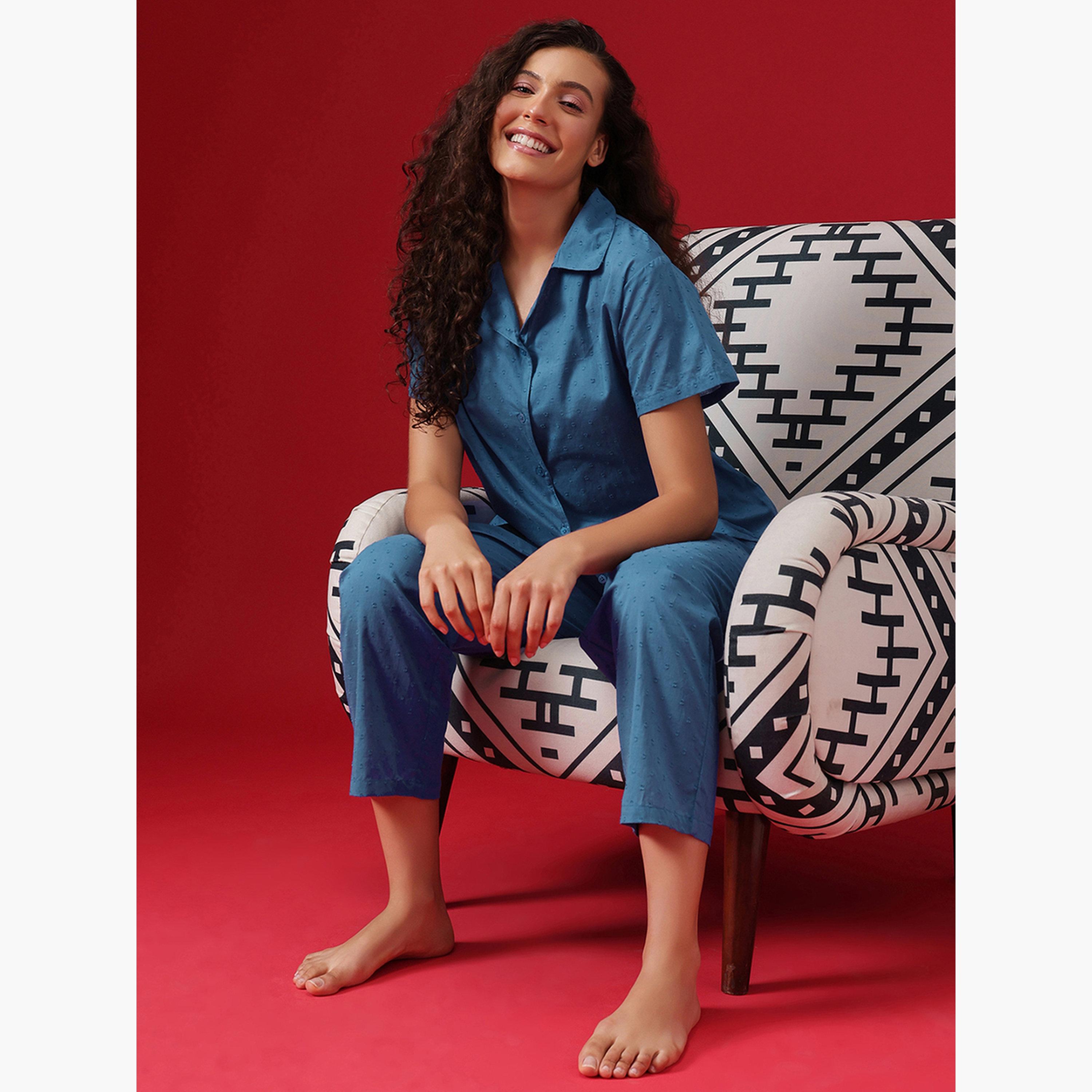 Clovia Dobby Weave Buttoned Shirt and Pyjama Set-women-clothing-nightwear-pyjamas-longsets-image-2