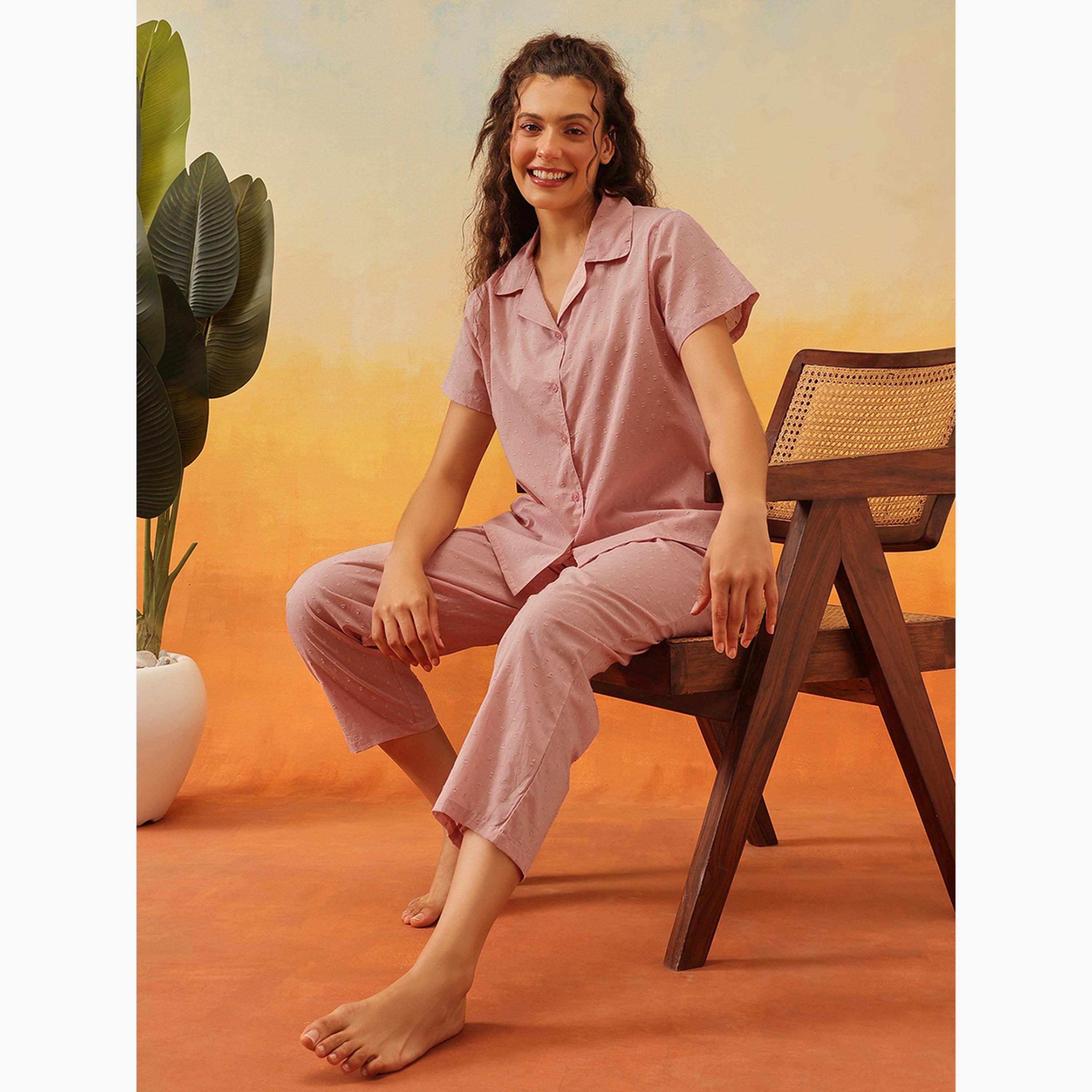Clovia Dobby Weave Buttoned Shirt and Pyjama Set-women-clothing-nightwear-pyjamas-longsets-image-2