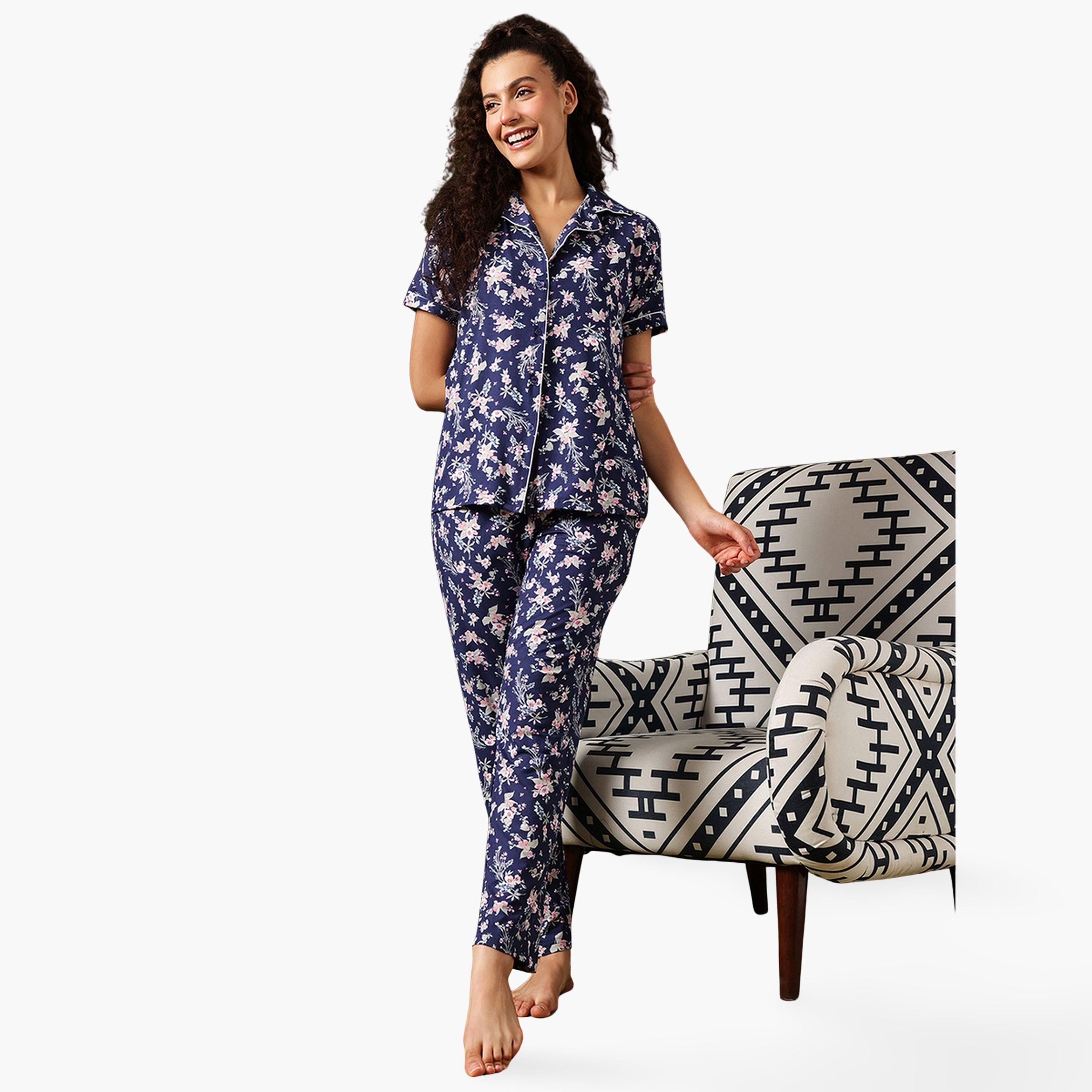 Clovia Floral Print Button-Down Shirt and Pyjama Set-women-clothing-nightwear-pyjamas-longsets-image-1