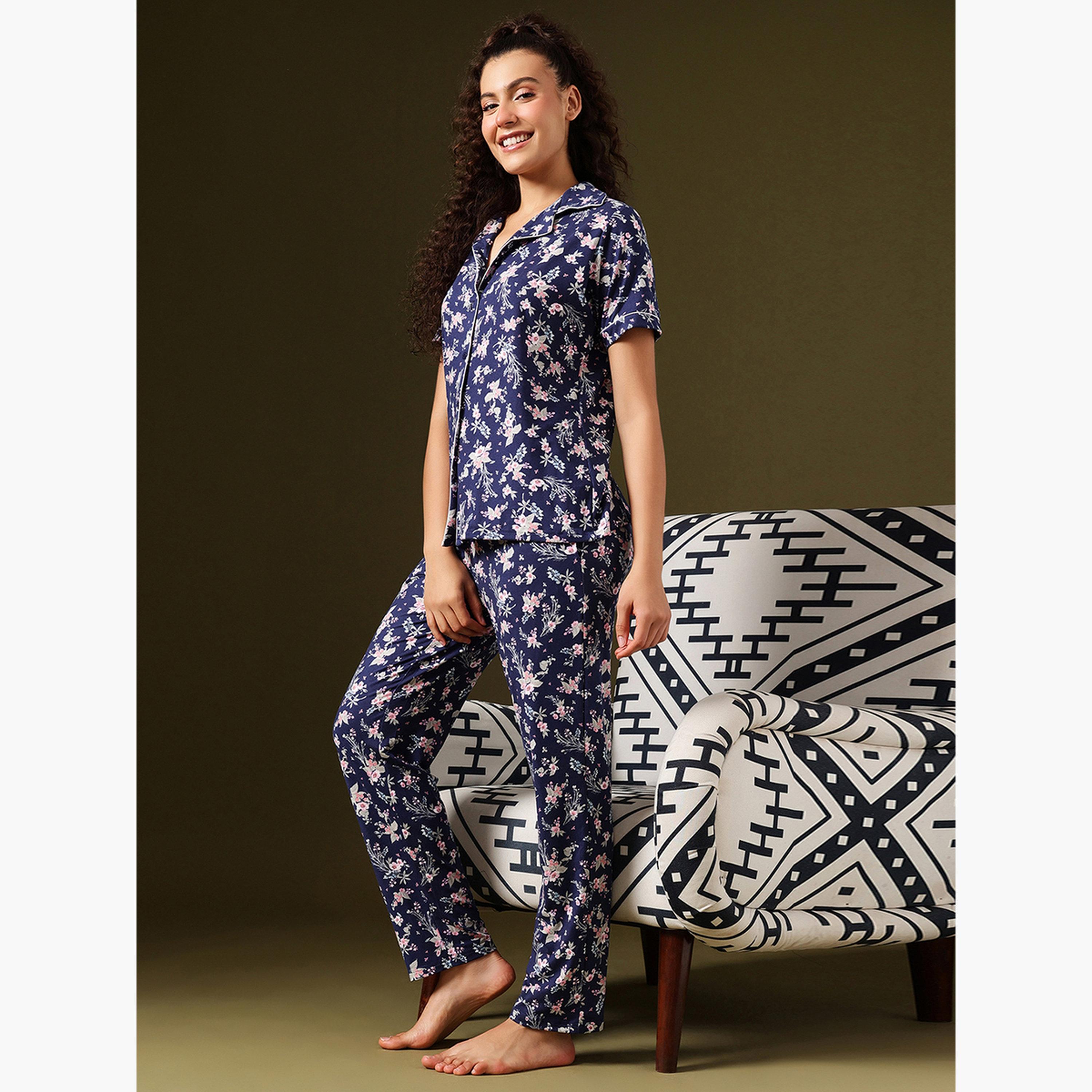 Clovia Floral Print Button-Down Shirt and Pyjama Set-women-clothing-nightwear-pyjamas-longsets-image-2