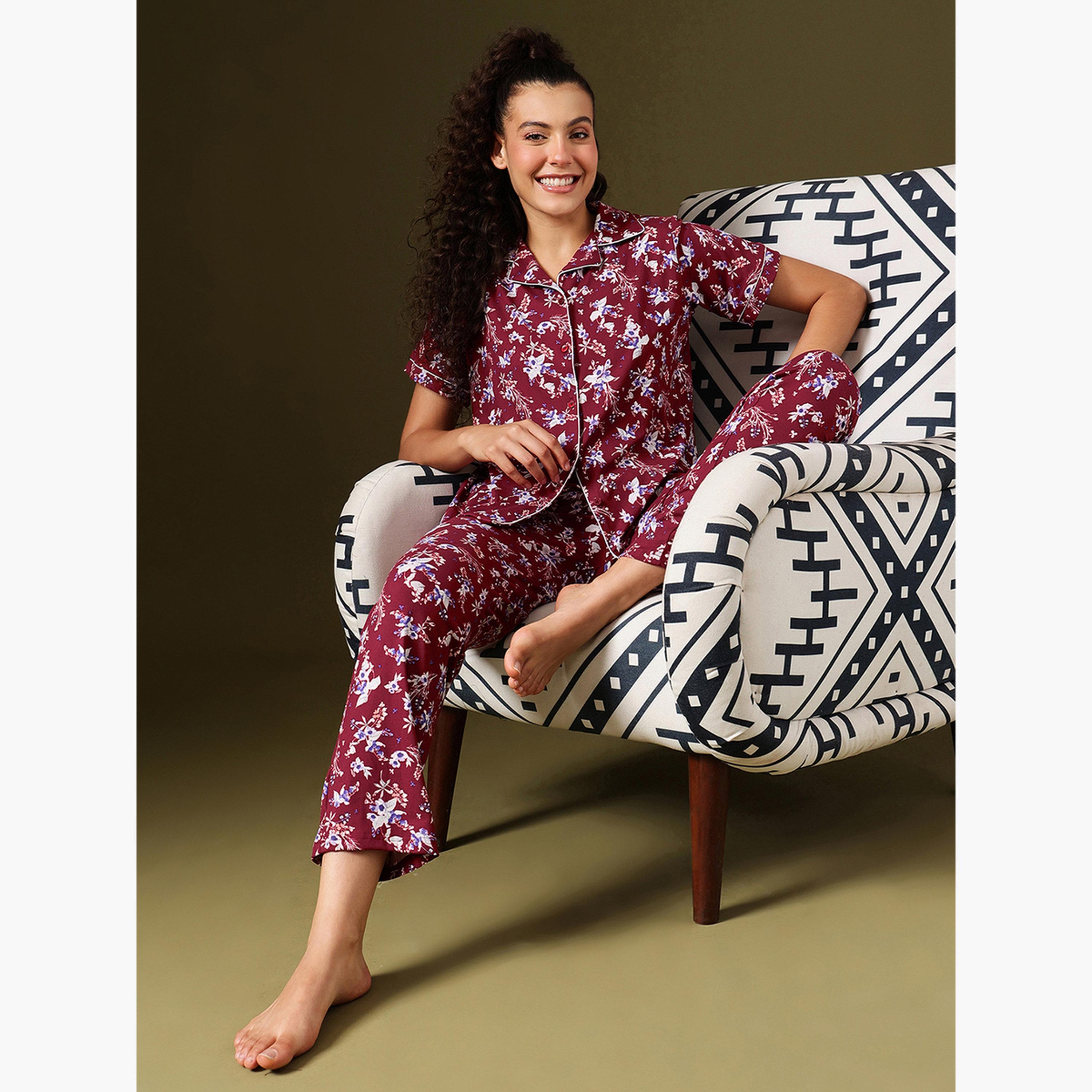 Clovia Floral Print Button-Down Shirt and Pyjama Set-women-clothing-nightwear-pyjamas-longsets-image-2