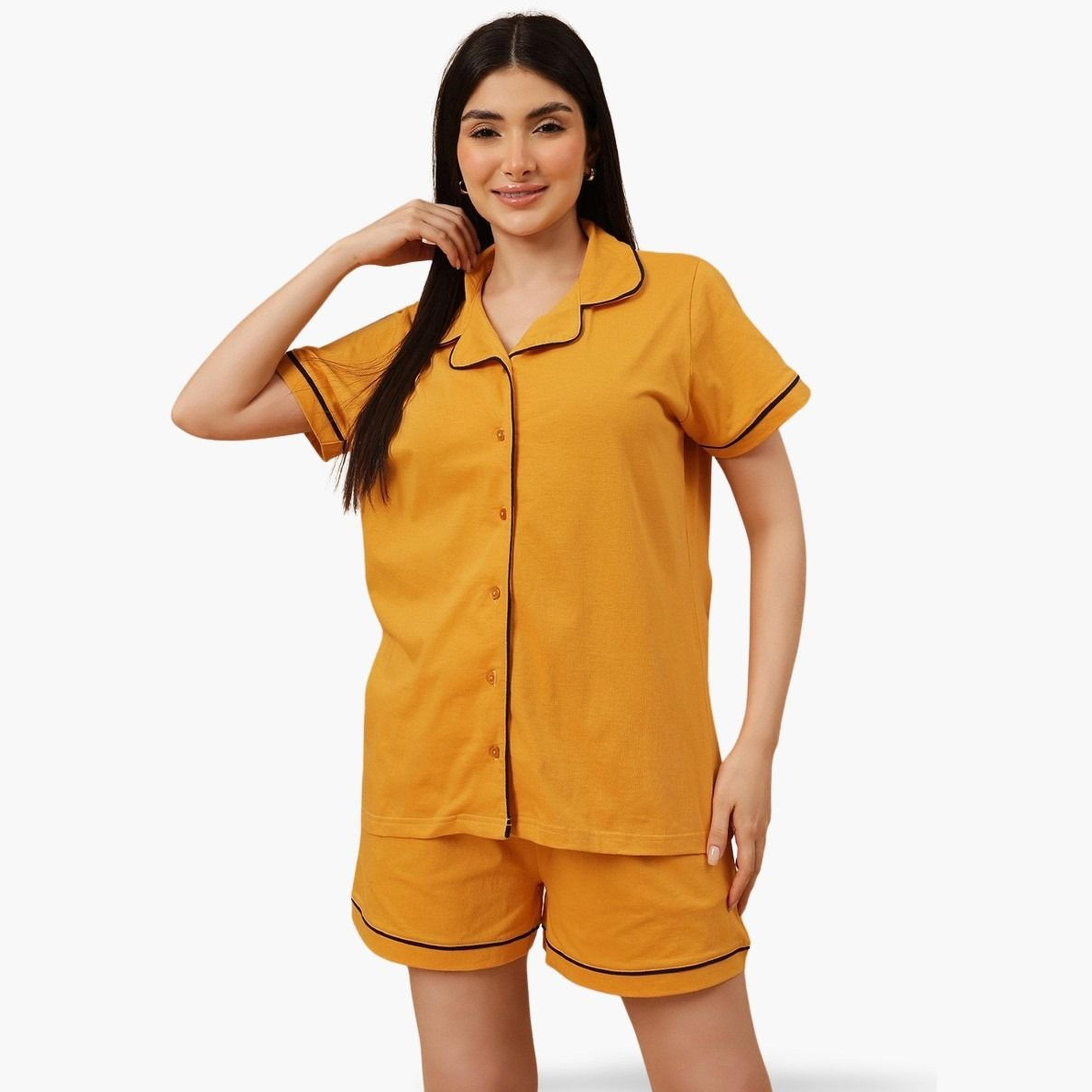 كلوفيا - قميص وشورت سادة بأزرار - قطن-women-clothing-nightwear-pyjamas-shortsets-image-6