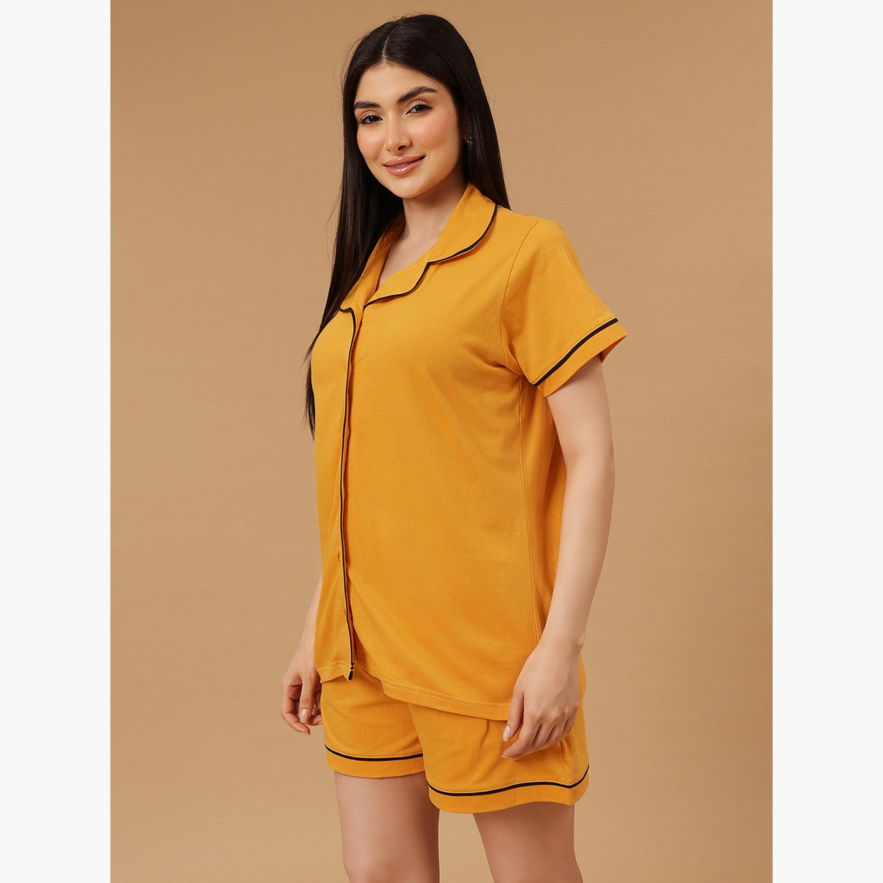 Clovia Solid Buttoned Shirt and Shorts Set - Cotton-women-clothing-nightwear-pyjamas-shortsets-image-2