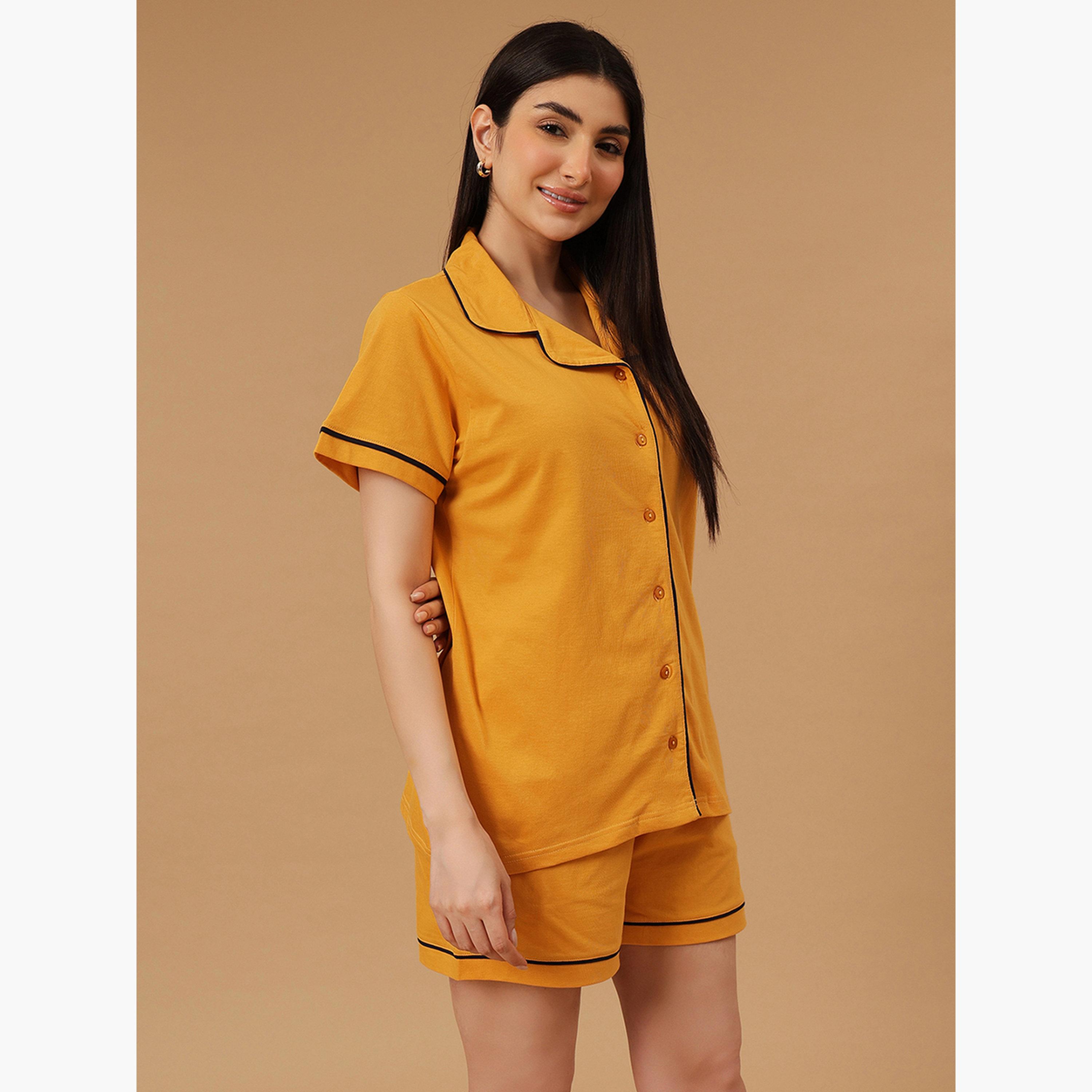 كلوفيا - قميص وشورت سادة بأزرار - قطن-women-clothing-nightwear-pyjamas-shortsets-image-3