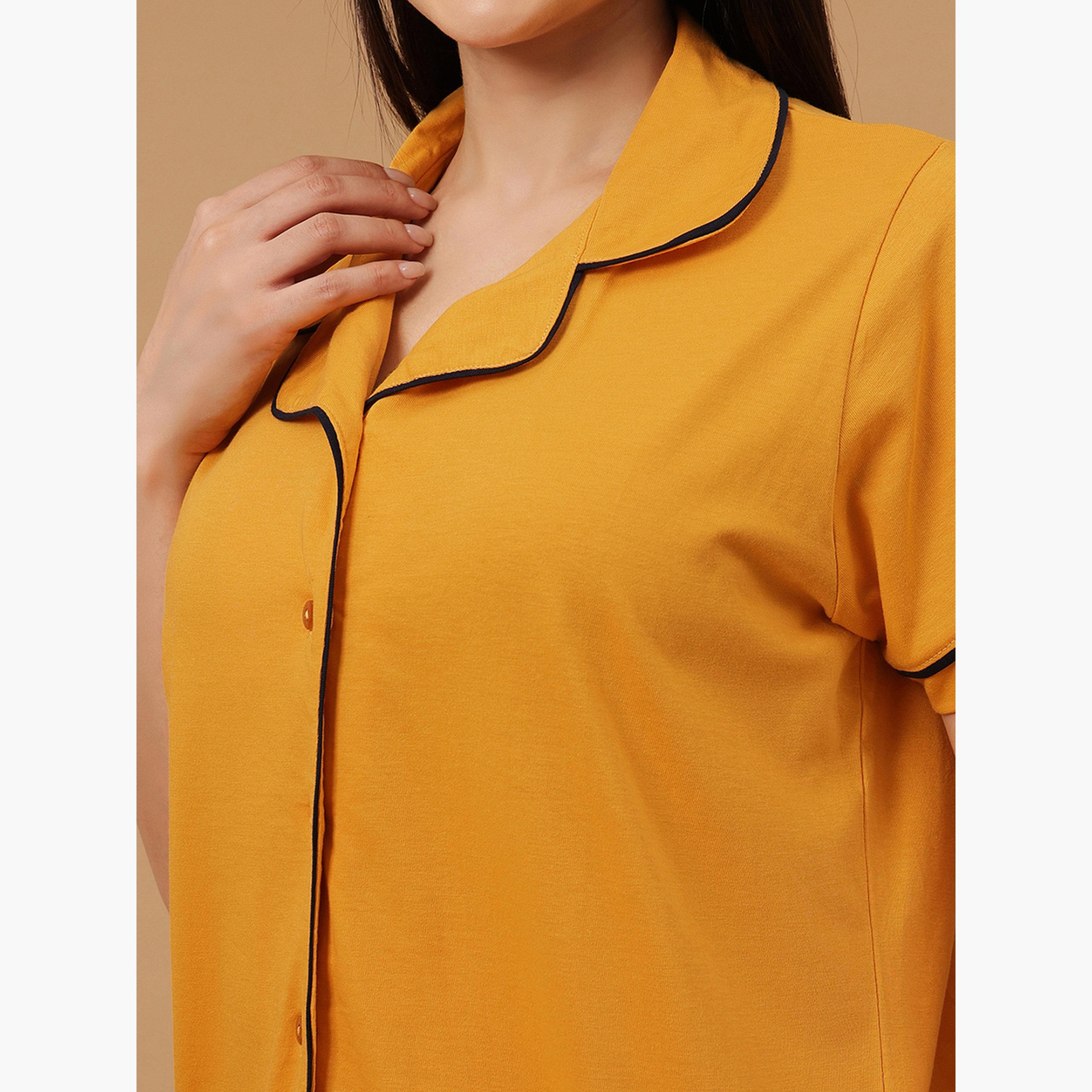 Clovia Solid Buttoned Shirt and Shorts Set - Cotton-women-clothing-nightwear-pyjamas-shortsets-image-5
