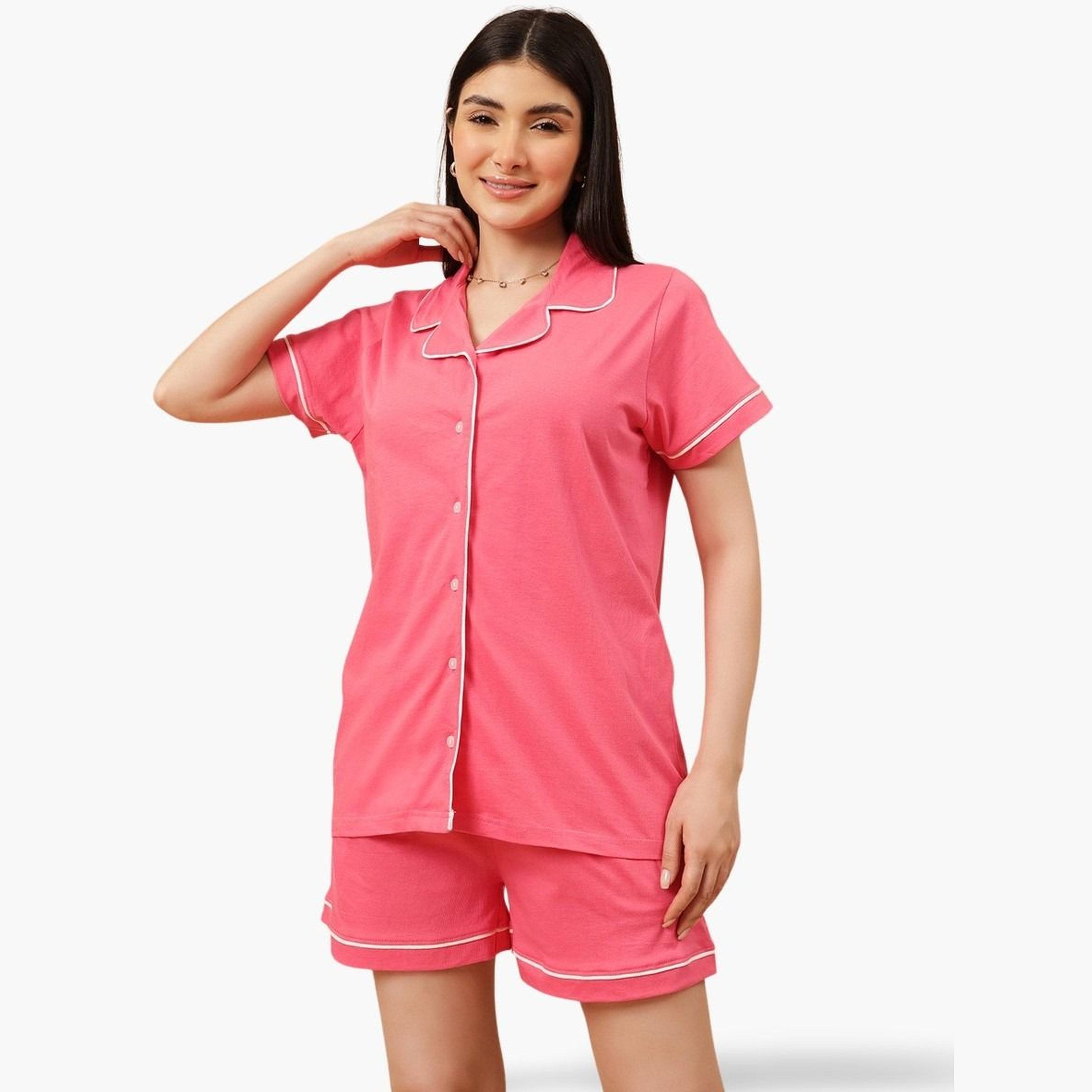 Clovia Solid Buttoned Shirt and Shorts Set - Cotton-women-clothing-nightwear-pyjamas-shortsets-image-1