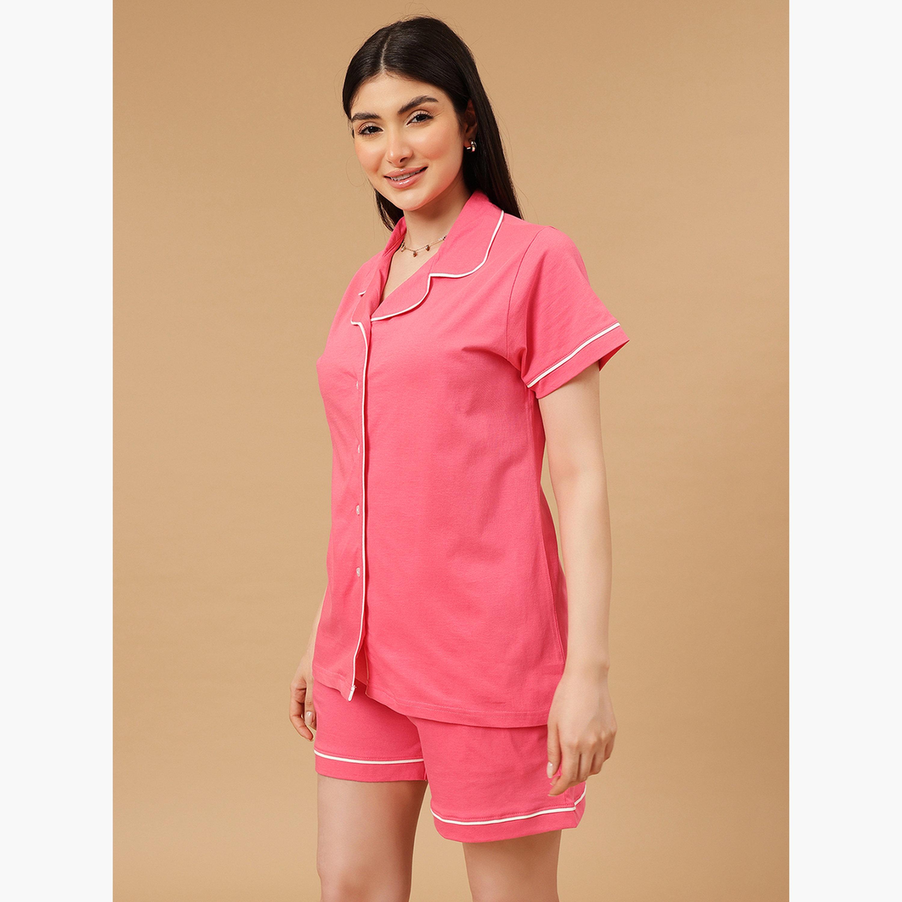 كلوفيا - قميص وشورت سادة بأزرار - قطن-women-clothing-nightwear-pyjamas-shortsets-image-5