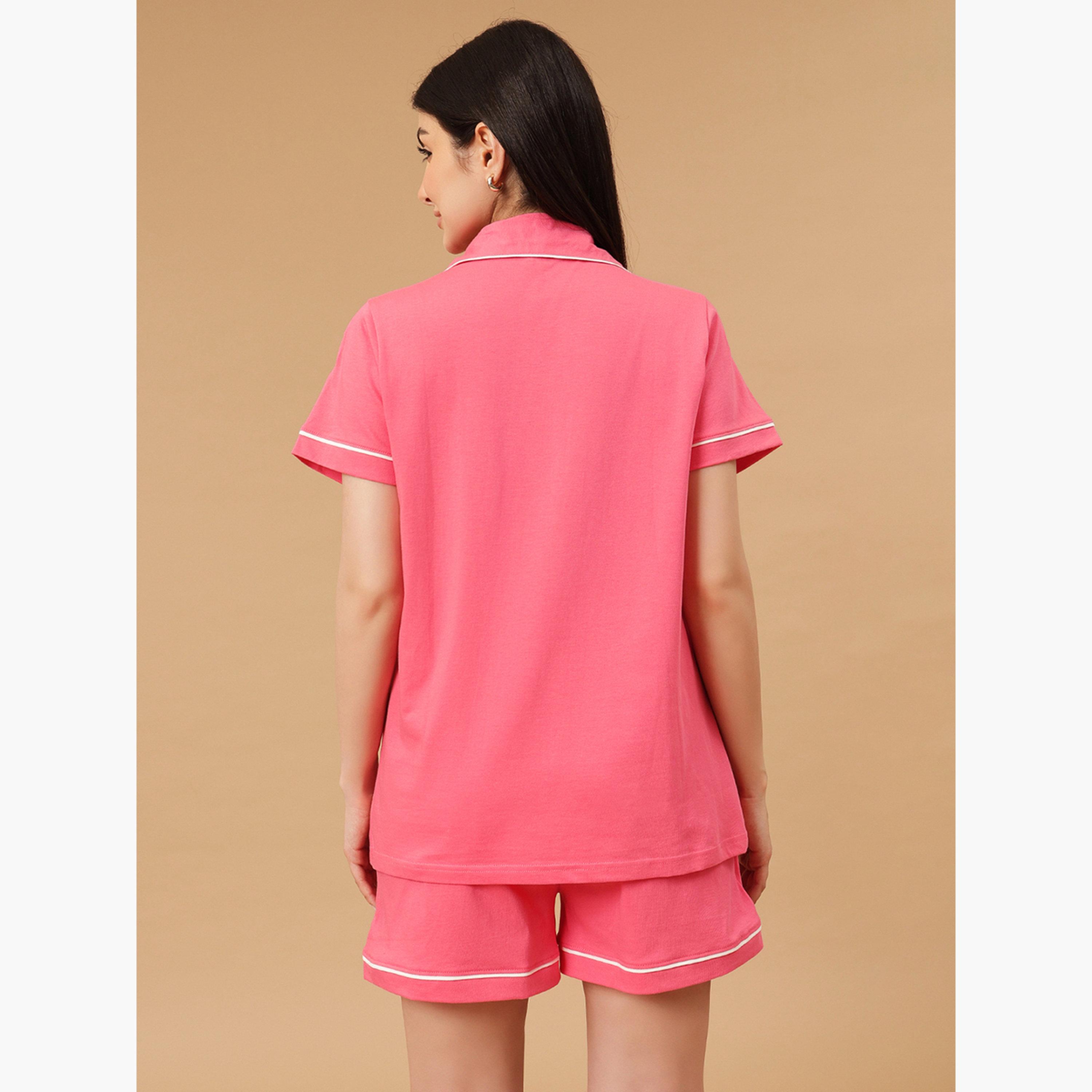Clovia Solid Buttoned Shirt and Shorts Set - Cotton-women-clothing-nightwear-pyjamas-shortsets-image-3