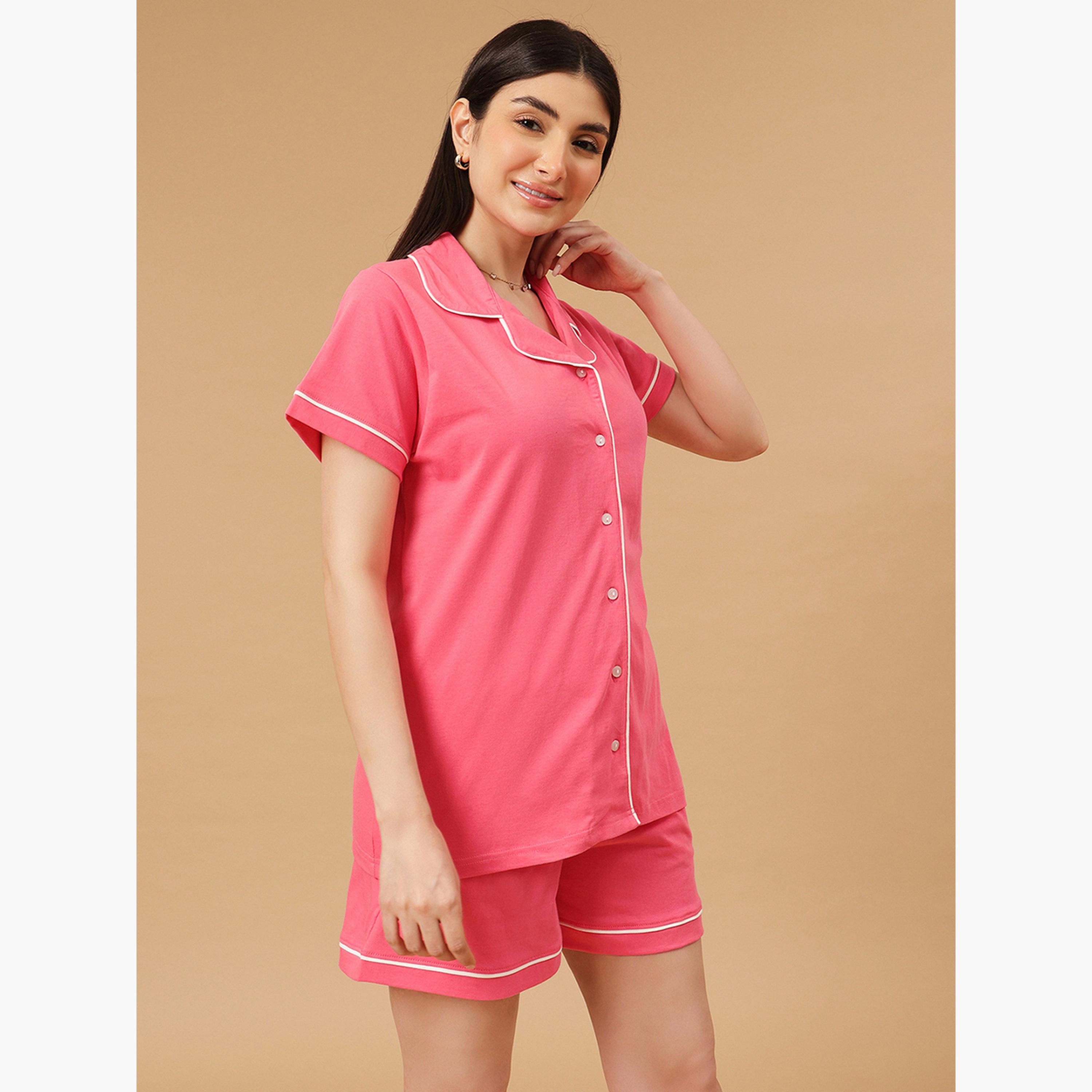 كلوفيا - قميص وشورت سادة بأزرار - قطن-women-clothing-nightwear-pyjamas-shortsets-image-3