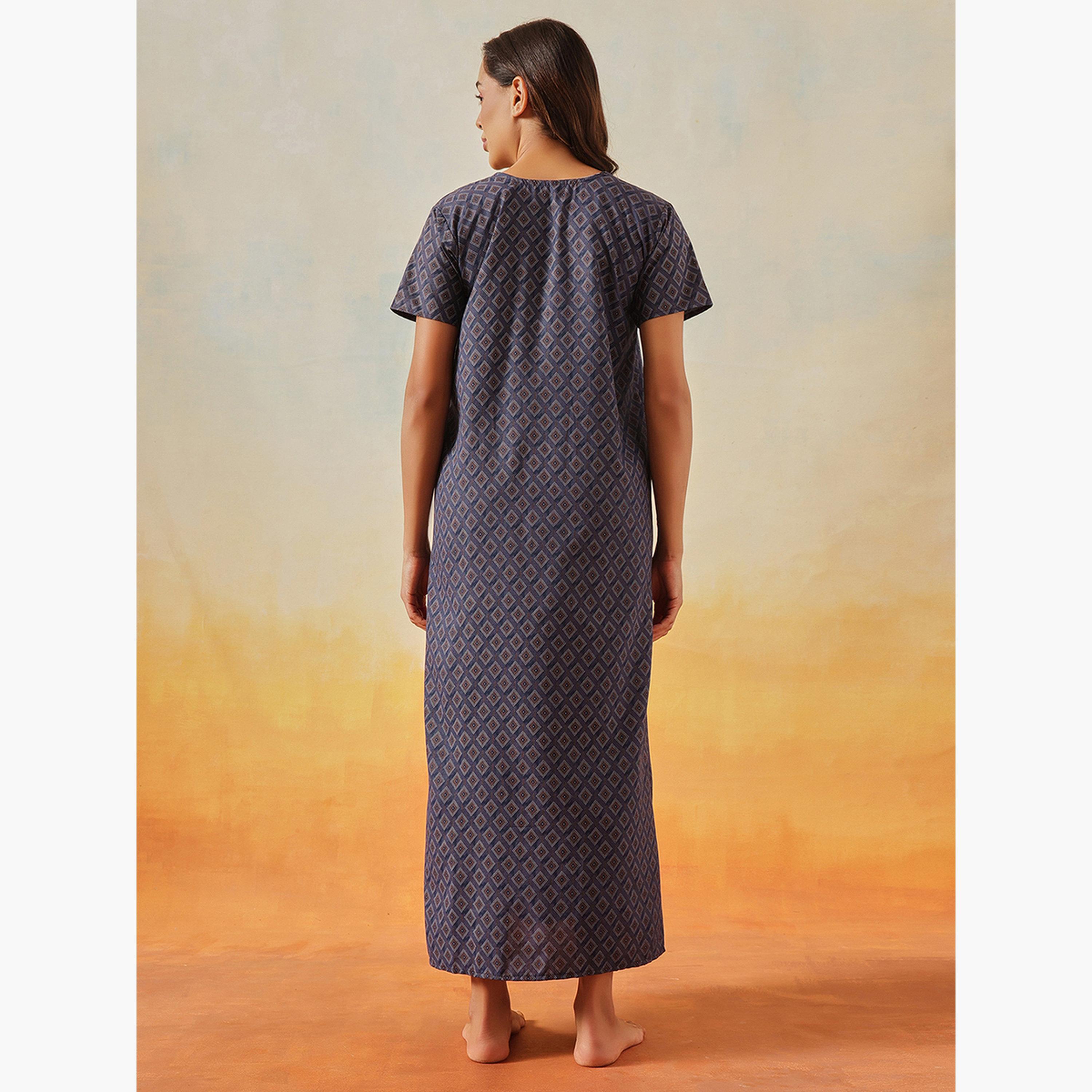 Clovia Geometric Print Long Nightdress - Cotton-women-clothing-nightwear-nighties-image-4