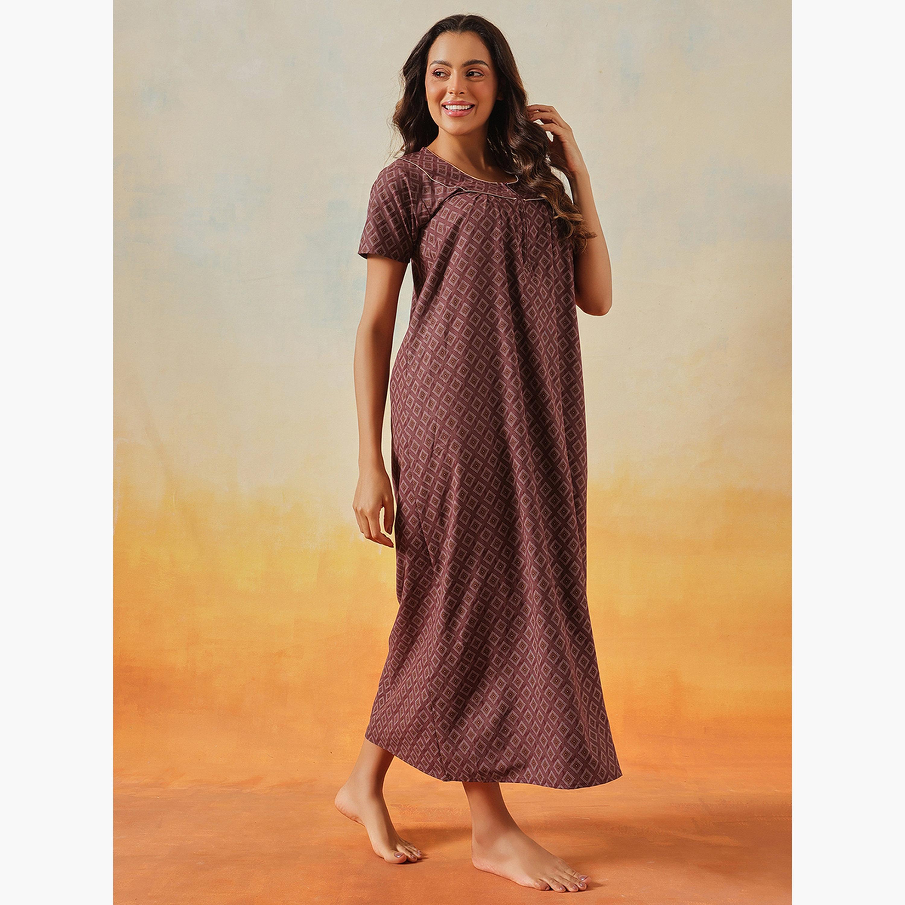 Clovia Geometric Print Long Nightdress - Cotton-women-clothing-nightwear-nighties-image-2