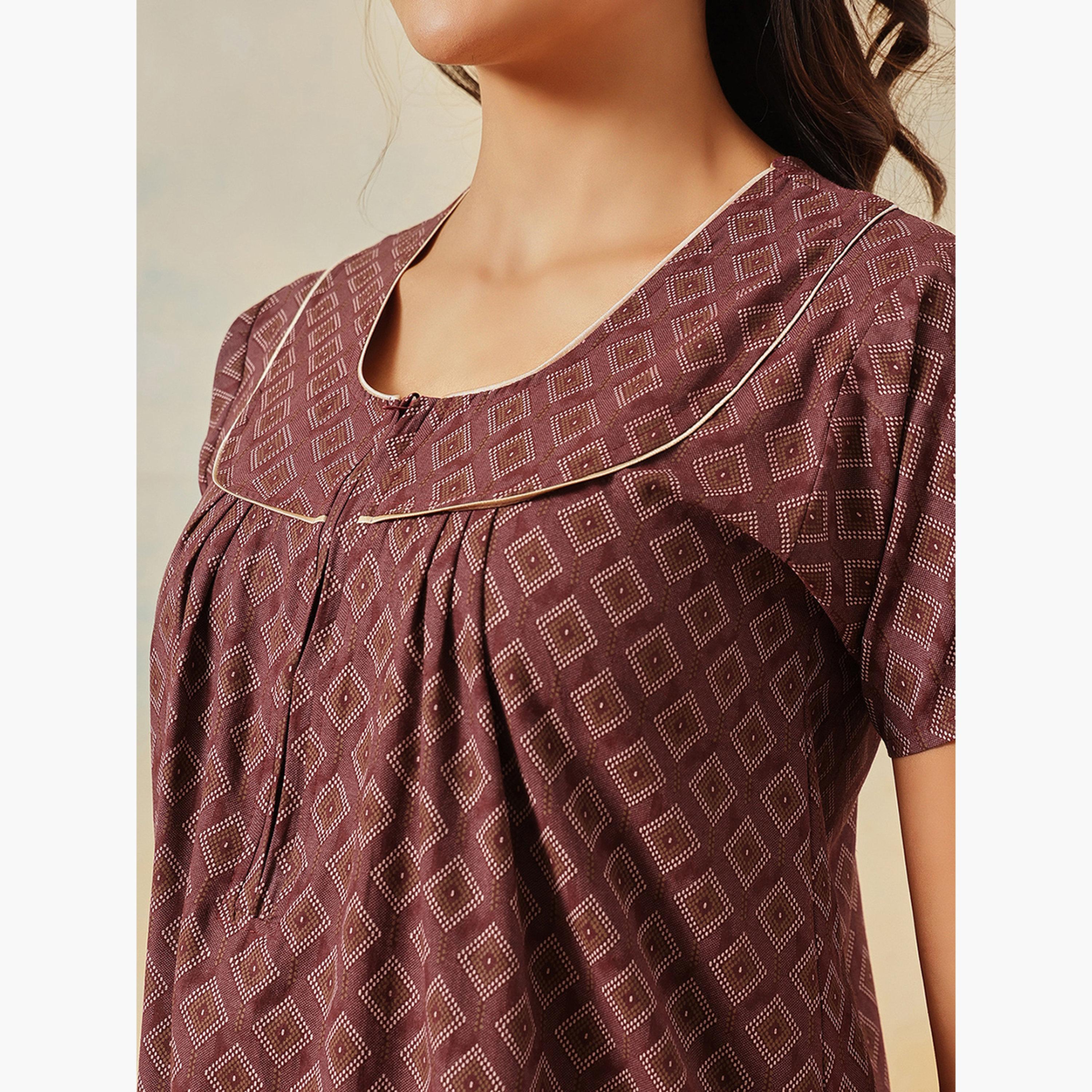 Clovia Geometric Print Long Nightdress - Cotton-women-clothing-nightwear-nighties-image-5