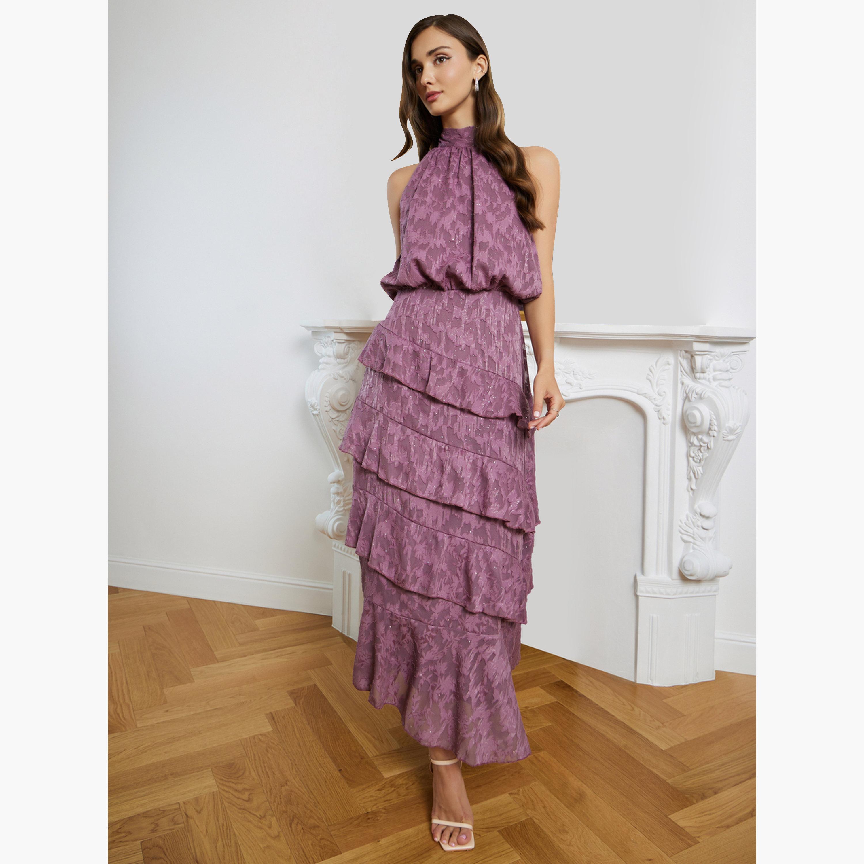فستان طويل بتفاصيل جاكار وطبقات كشكش-women-clothing-dresses-image-1