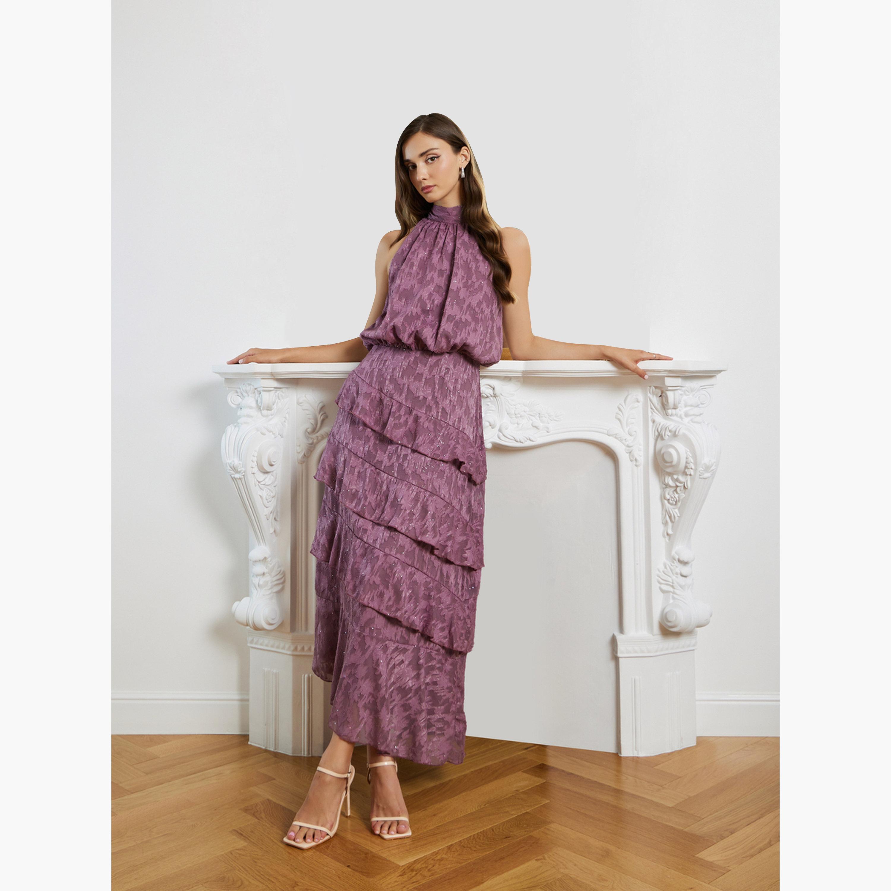 Styli Women Ruffle Layered Jacquard Maxi Dress-women-clothing-dresses-image-2