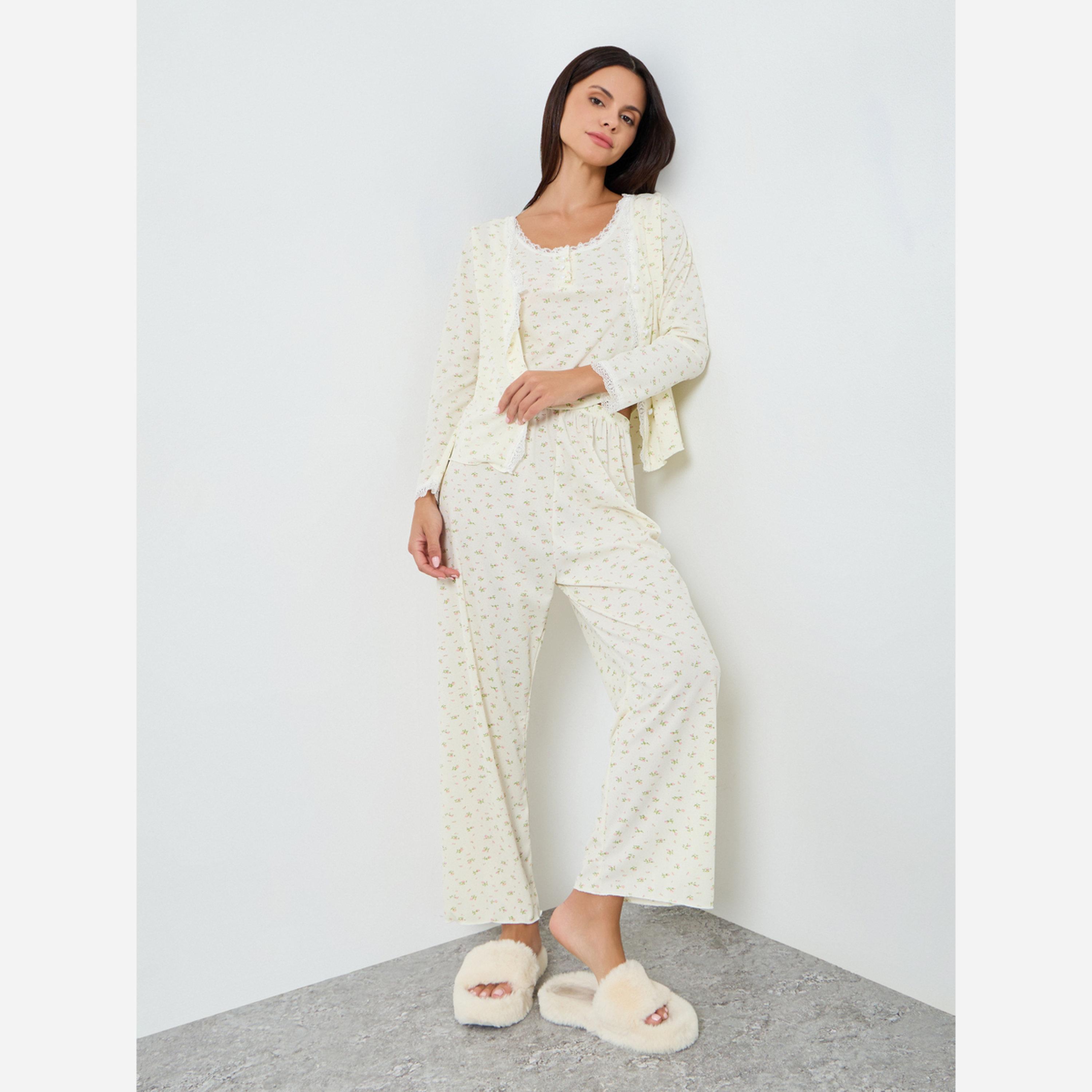 Styli 3 PACK DITSY FLORAL PLACKET LACE DETAIL CAMI BUTTON THROUGH SHIRT & PJ LONG SET-women-clothing-nightwear-pyjamas-longsets-image-1