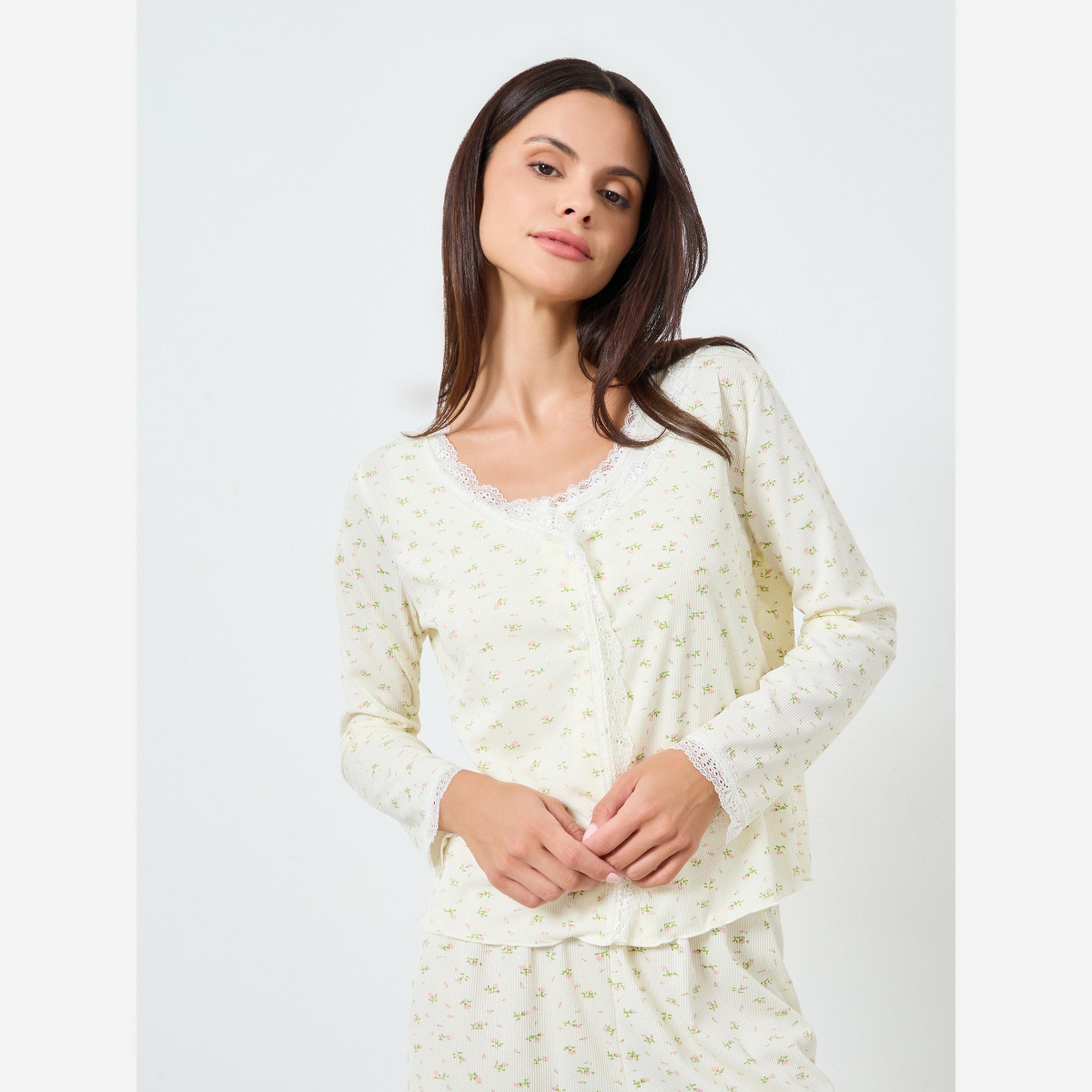Styli 3 PACK DITSY FLORAL PLACKET LACE DETAIL CAMI BUTTON THROUGH SHIRT & PJ LONG SET-women-clothing-nightwear-pyjamas-longsets-image-3